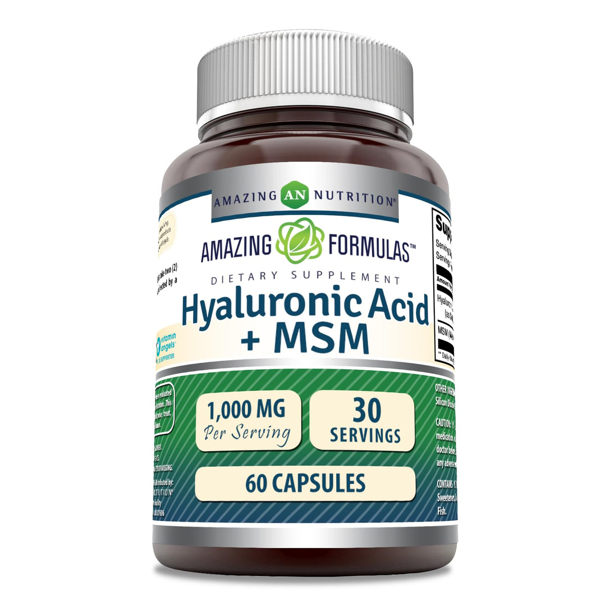 Bouteille Amazing Nutrition acide hyaluronique et MSM 1000 mg pour le confort quotidien.