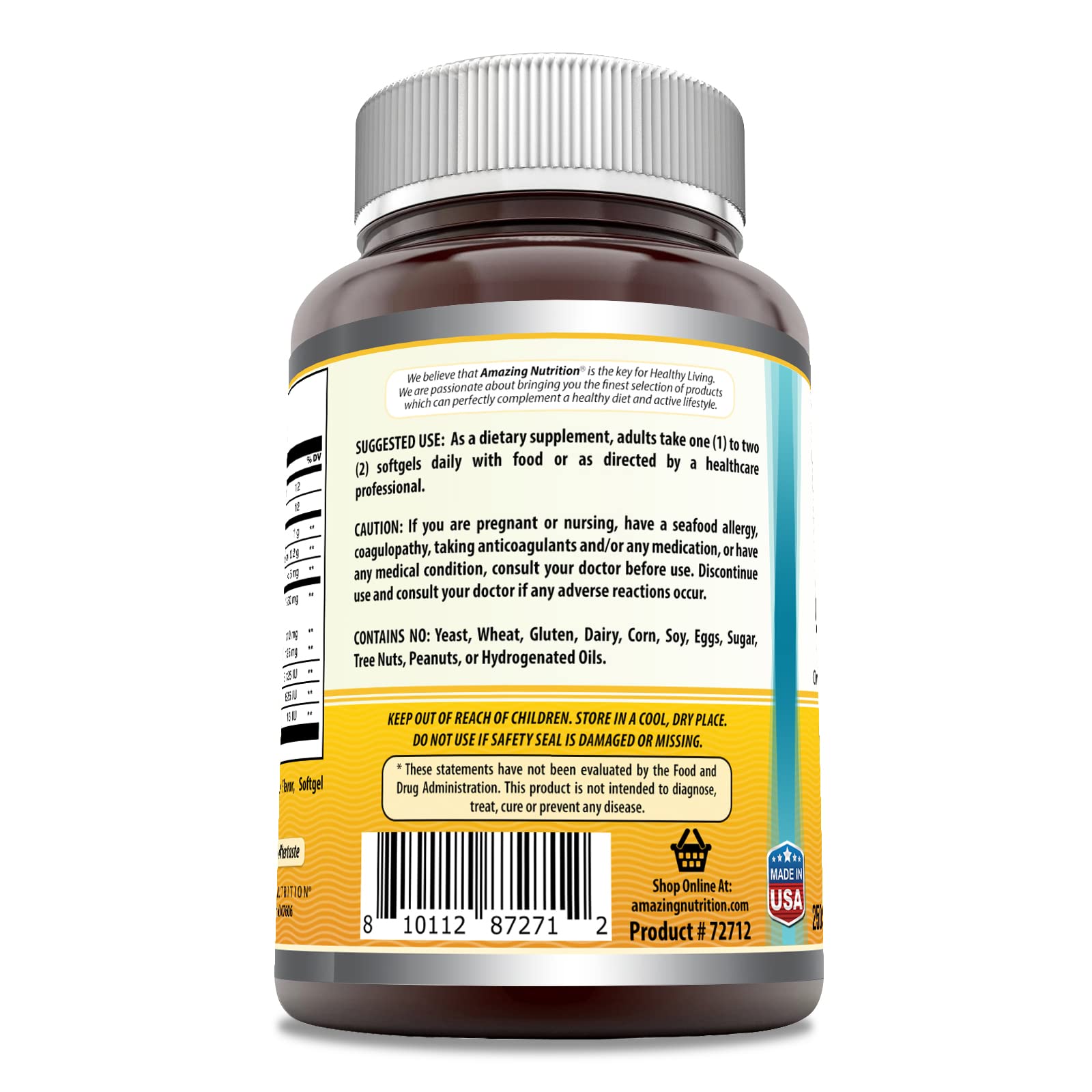 Amazing Nutrition bouteille omega-3 orange, sans gluten et sans OGM