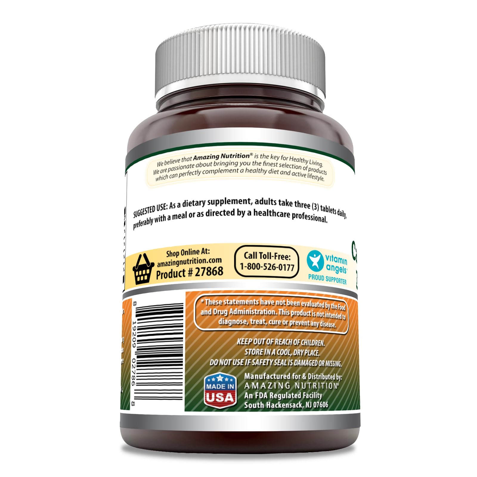 Amazing Nutrition Calcium Magnésium Zinc D3, étiquette lisible et emballage pratique pour voyage