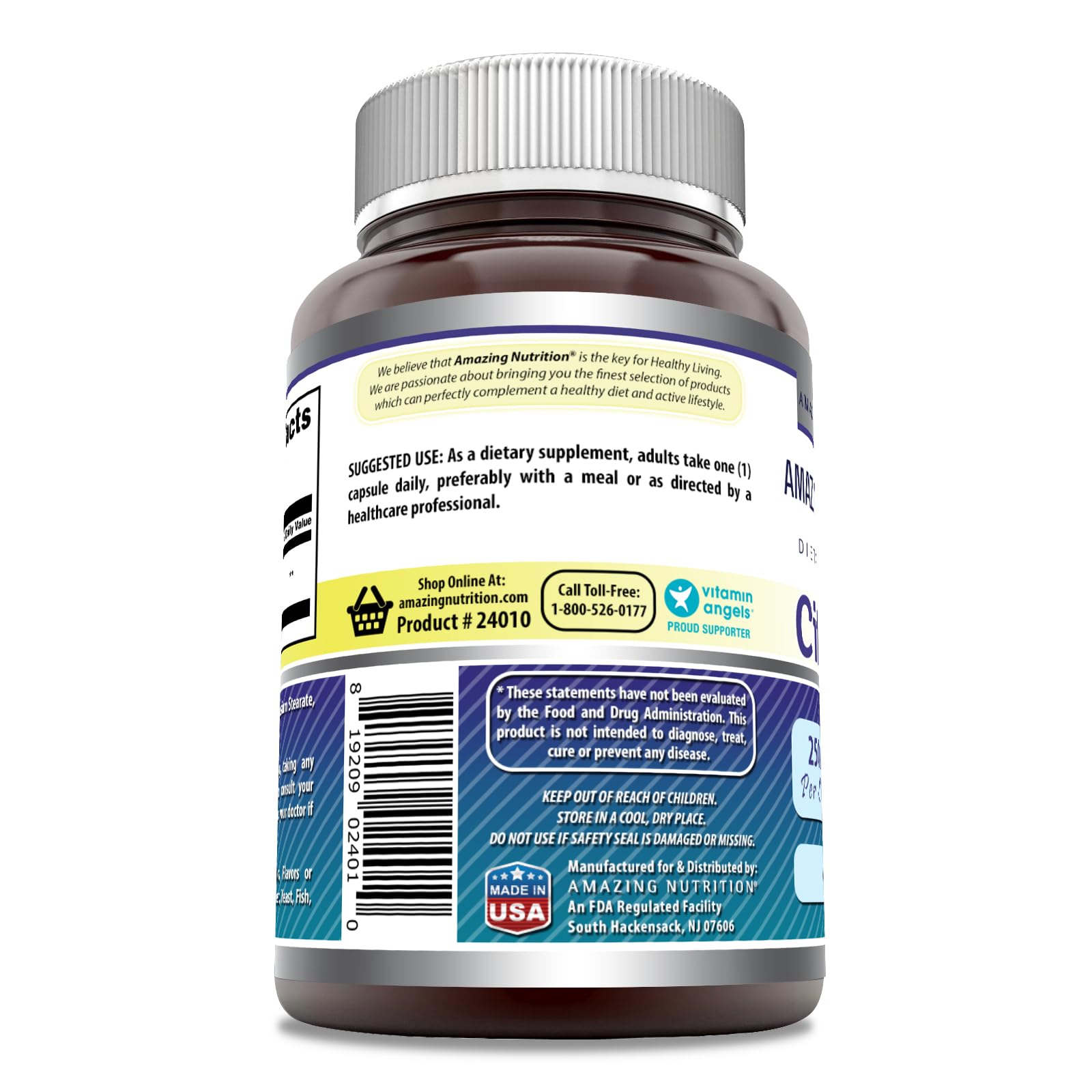 Étiquette Amazing Nutrition Citicoline 250 mg met en avant fabrication américaine et pureté garantie.