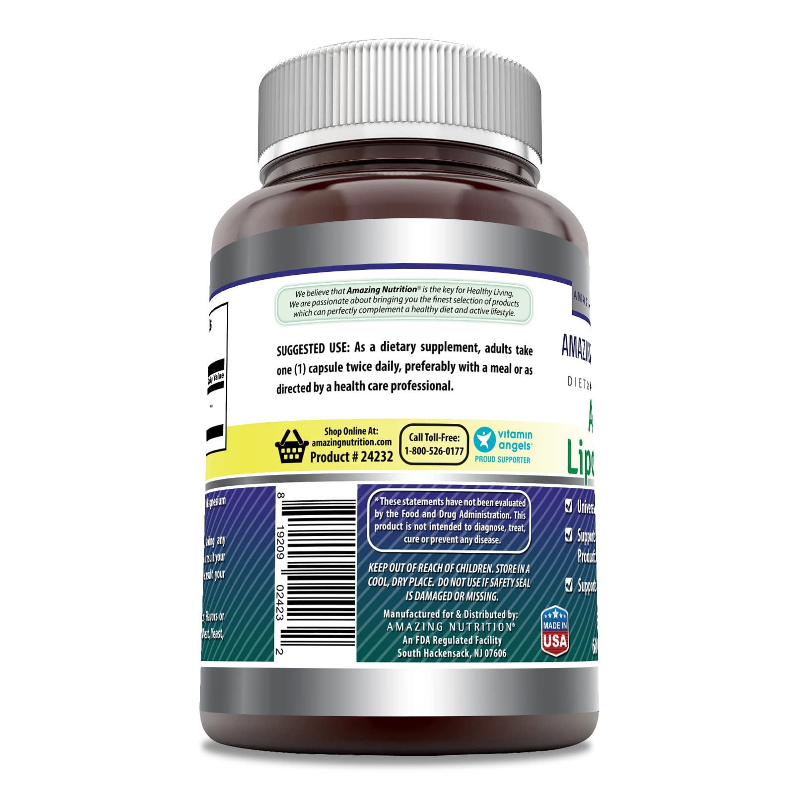 Conditionnement pratique d'Amazing Nutrition, capsules acide alpha-lipoique 300 mg.