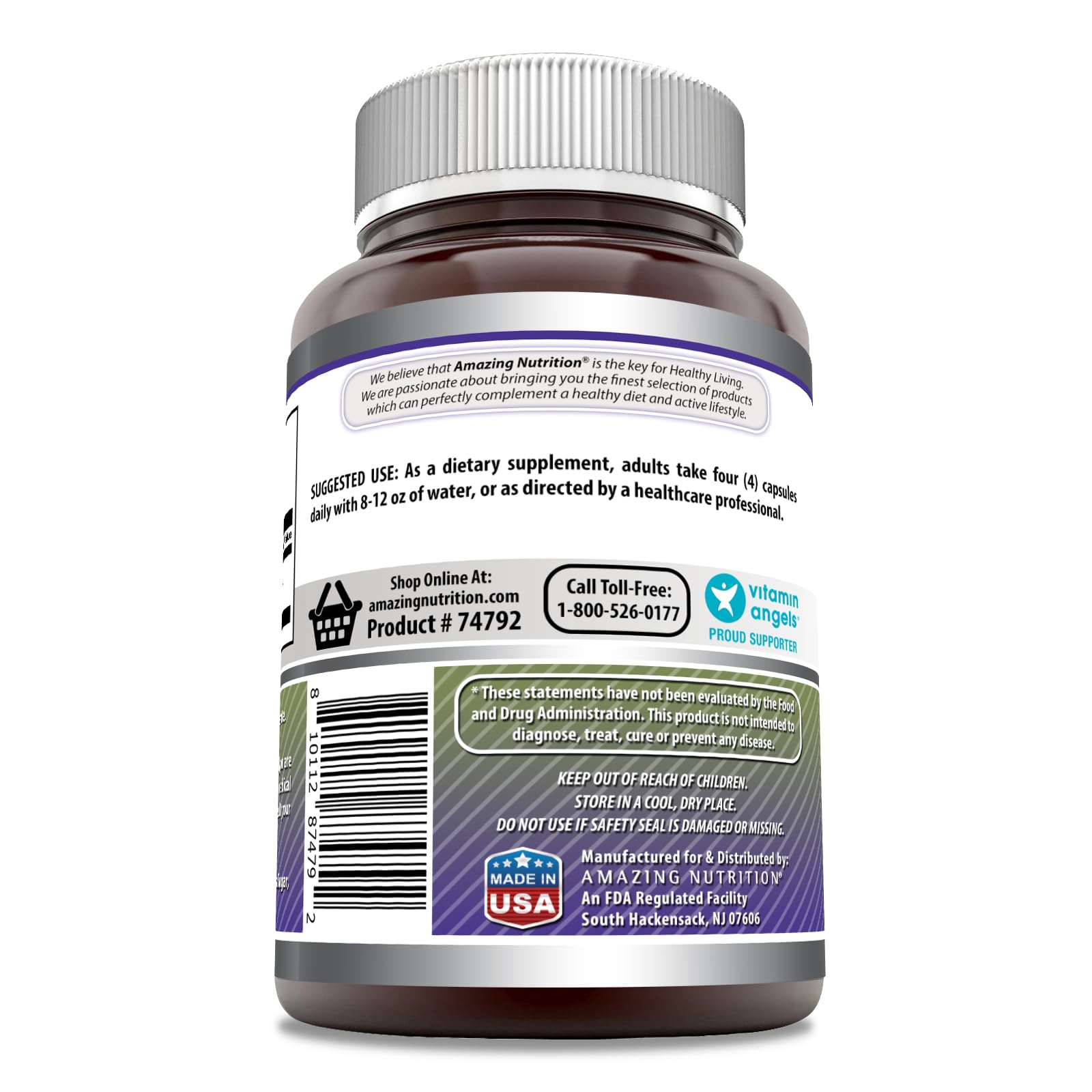 Étiquette claire Amazing Nutrition créatine monohydrate, traçabilité et pureté assurées