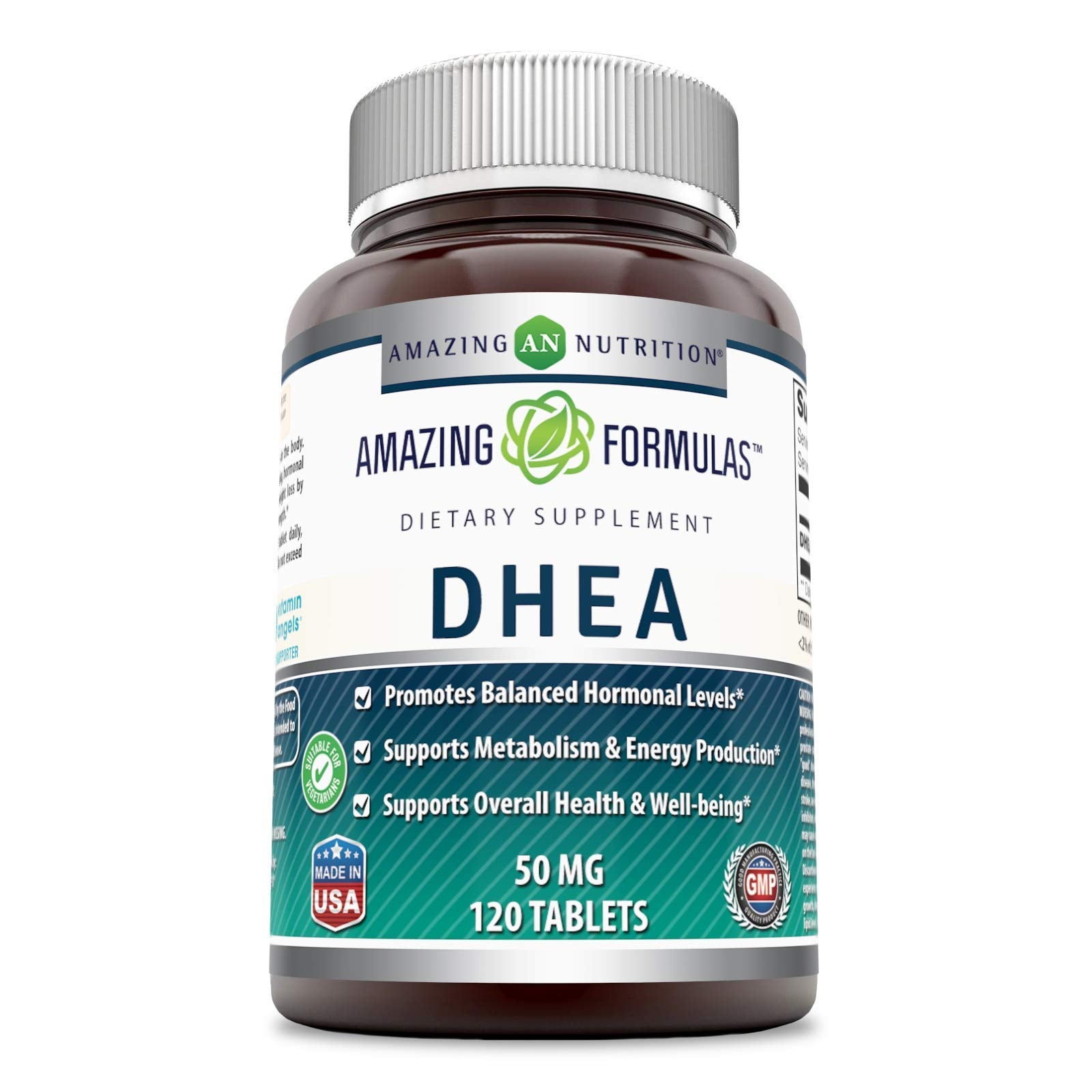 Amazing Nutrition DHEA 100 mg, bouteille visible, soutien potentiel à l'équilibre hormonal.
