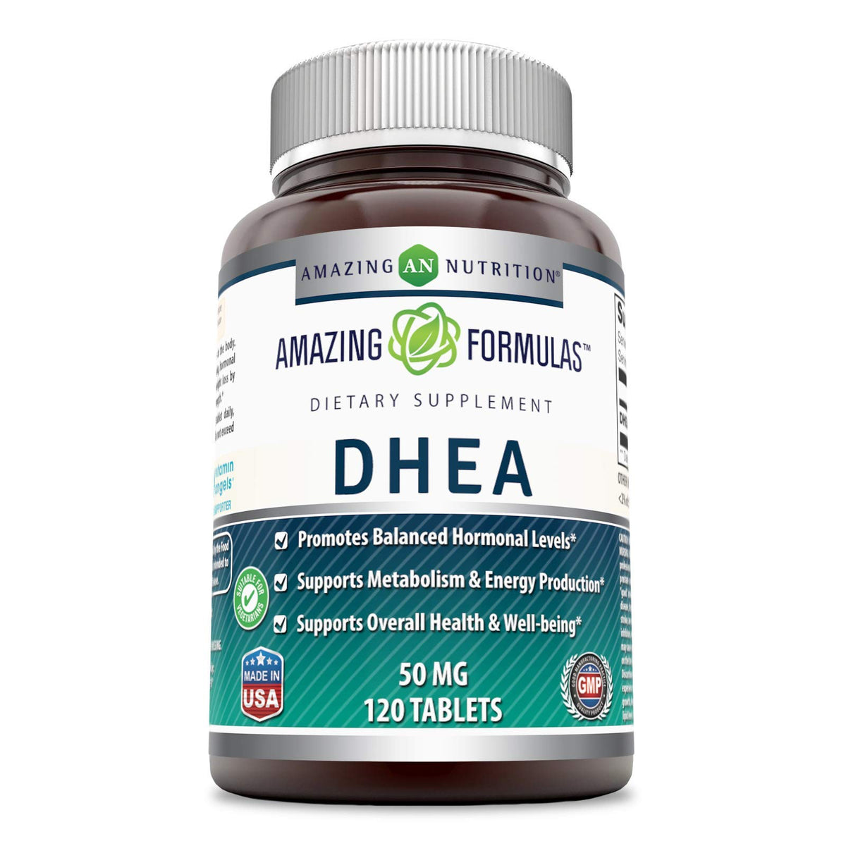 Amazing Nutrition DHEA 100 mg, bouteille visible, soutien potentiel à l'équilibre hormonal.