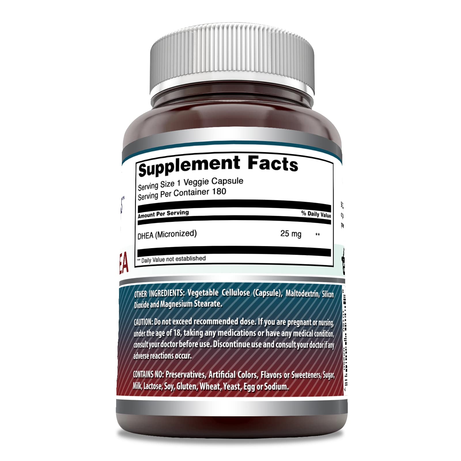 Étiquette sans OGM sur l’emballage de Amazing Nutrition DHEA 25 mg.