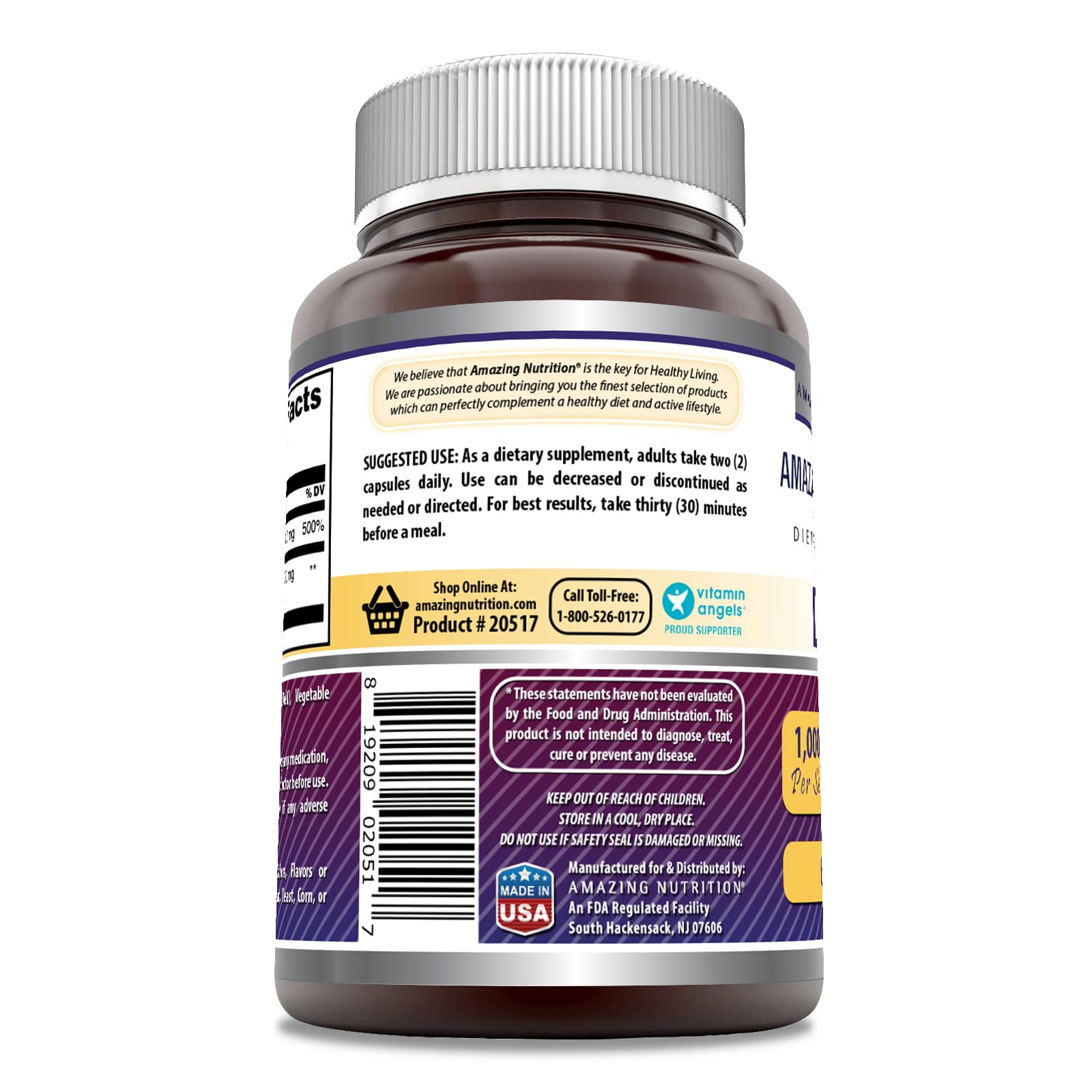 Amazing Nutrition DLPA étiquette du produit indiquant sans OGM et sans gluten