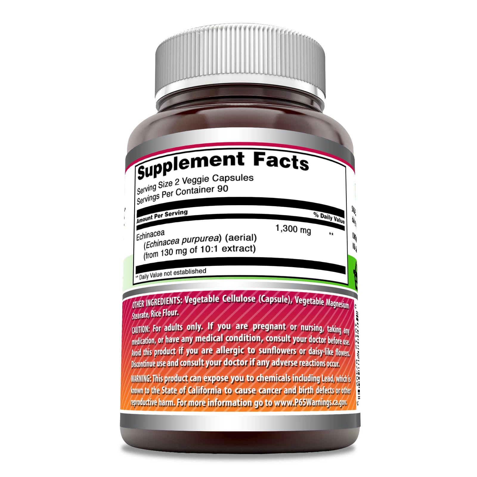 Étiquette sans OGM sur les gélules Amazing Nutrition Echinacea 1300 mg.