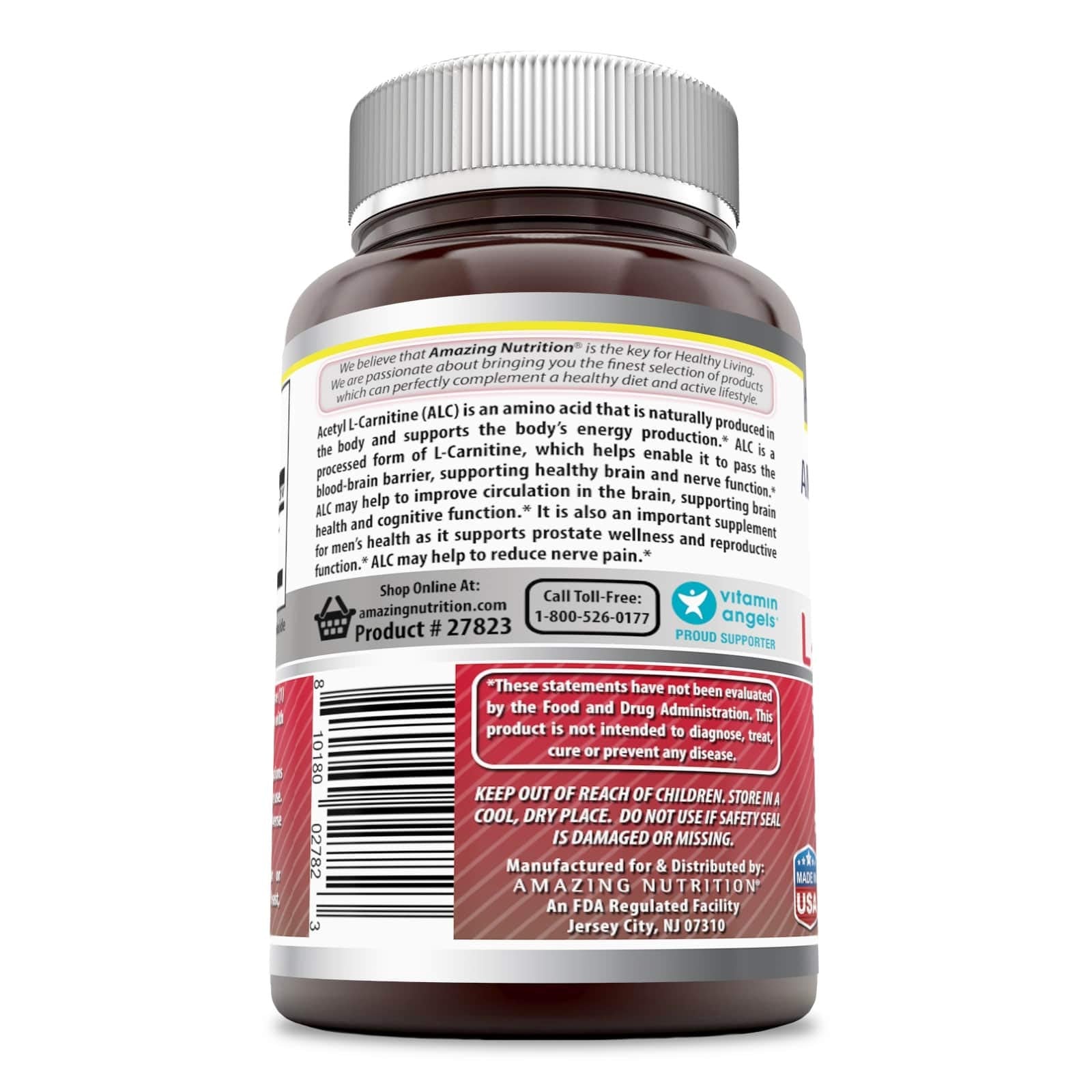 Étiquette du produit Acétyl L-Carnitine HCl, sans OGM et sans gluten.