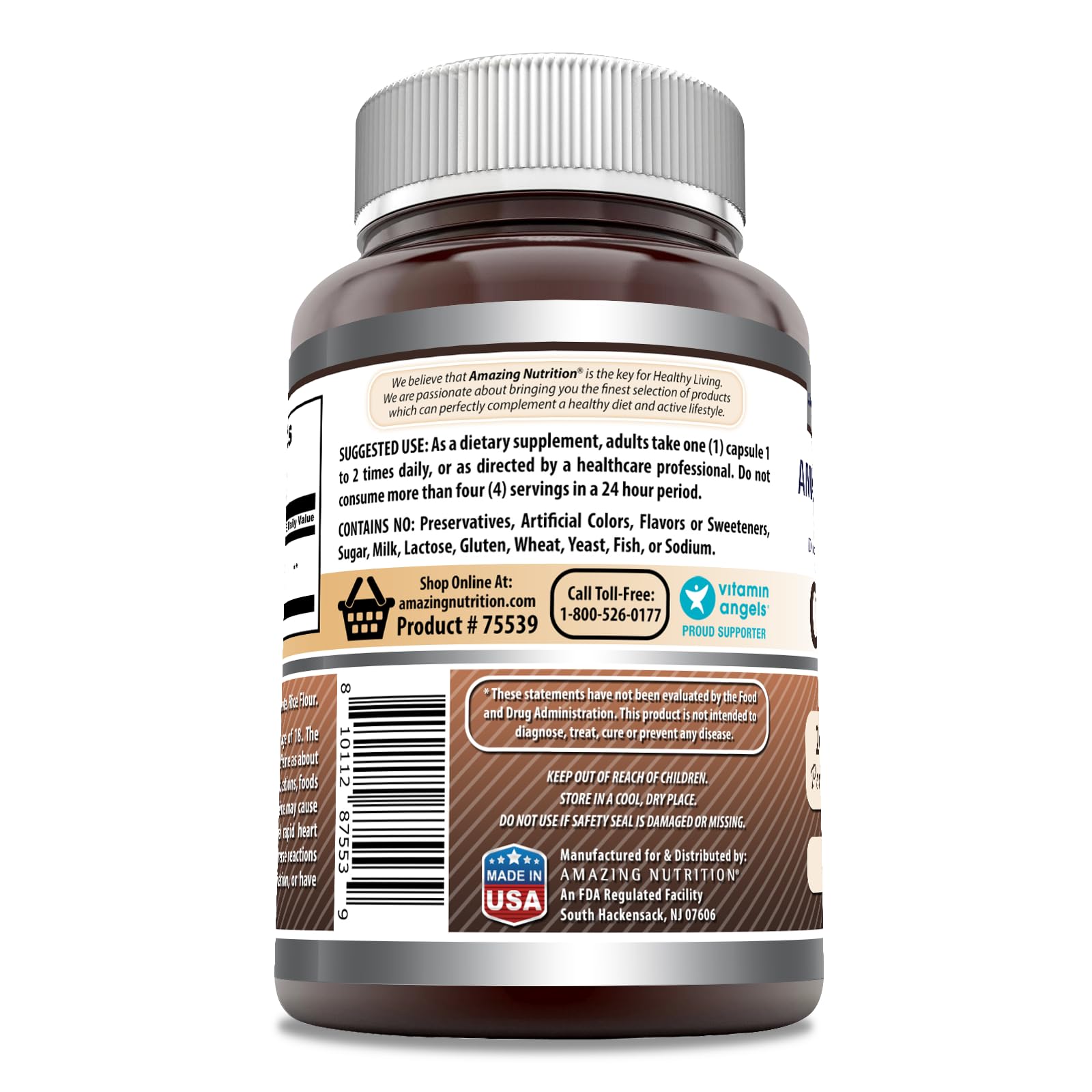 Amazing Nutrition Étiquette sans OGM et sans gluten, pureté assurée.