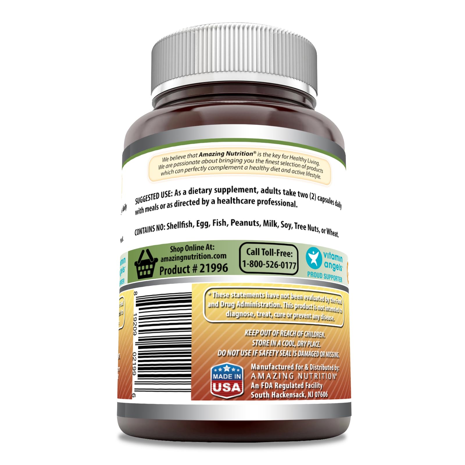 Amazing Nutrition Ginseng Complex — etiquette produit indiquant sans OGM et sans gluten.