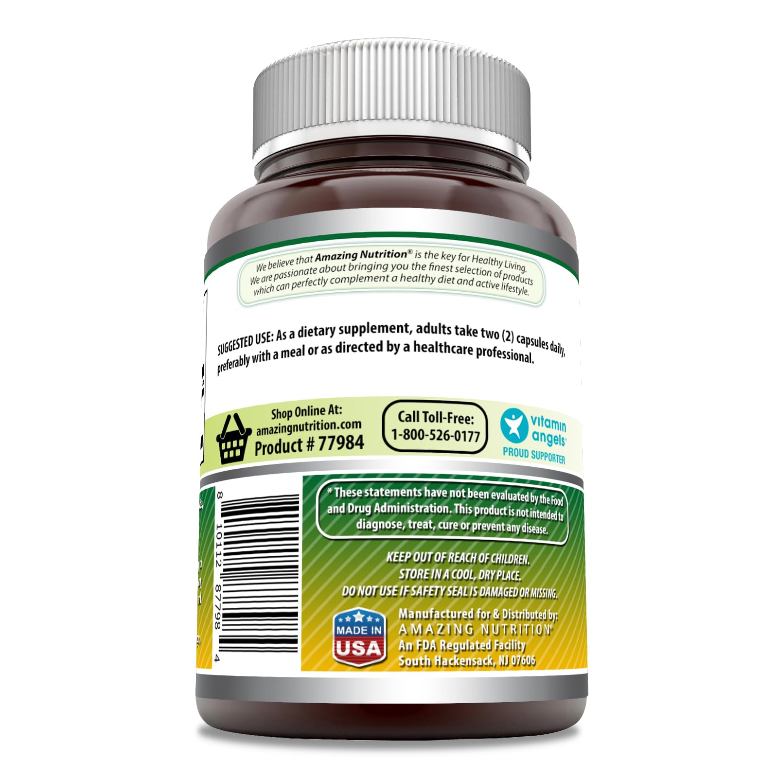 L'étiquette du flacon Amazing Nutrition Glucosamine sulfate indique sans gluten et sans OGM.