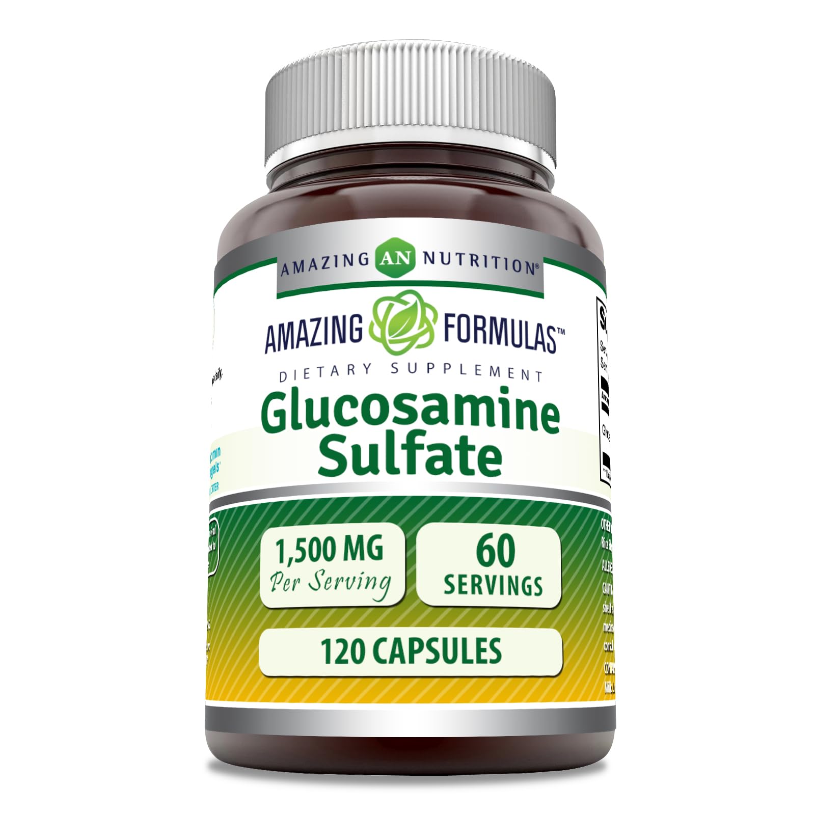 Amazing Nutrition Glucosamine sulfate flacon 1500 mg, présentation pratique pour usage quotidien.