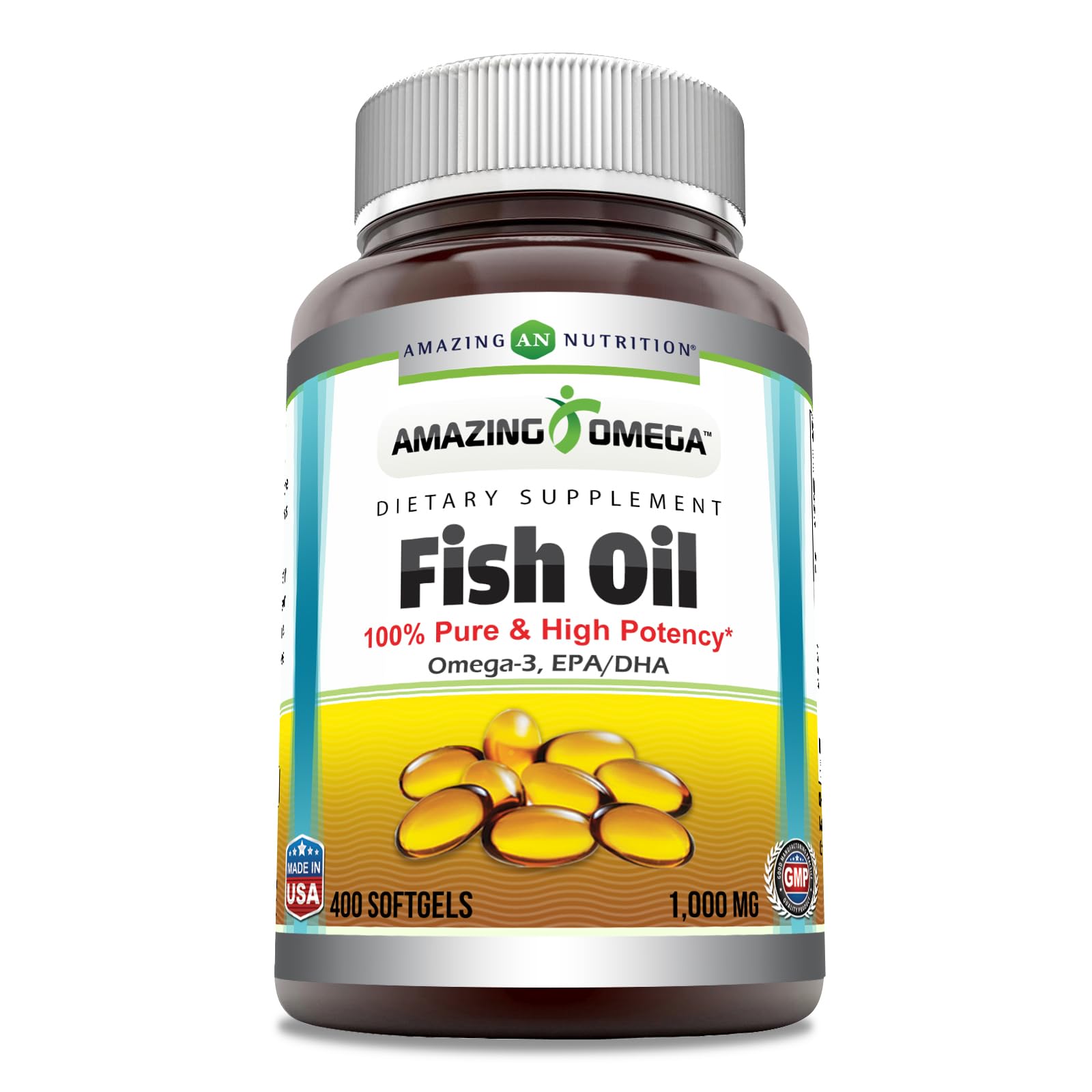 Amazing Nutrition huile poisson oméga-3 en bouteille, apport quotidien potentiel dans un régime équilibré.