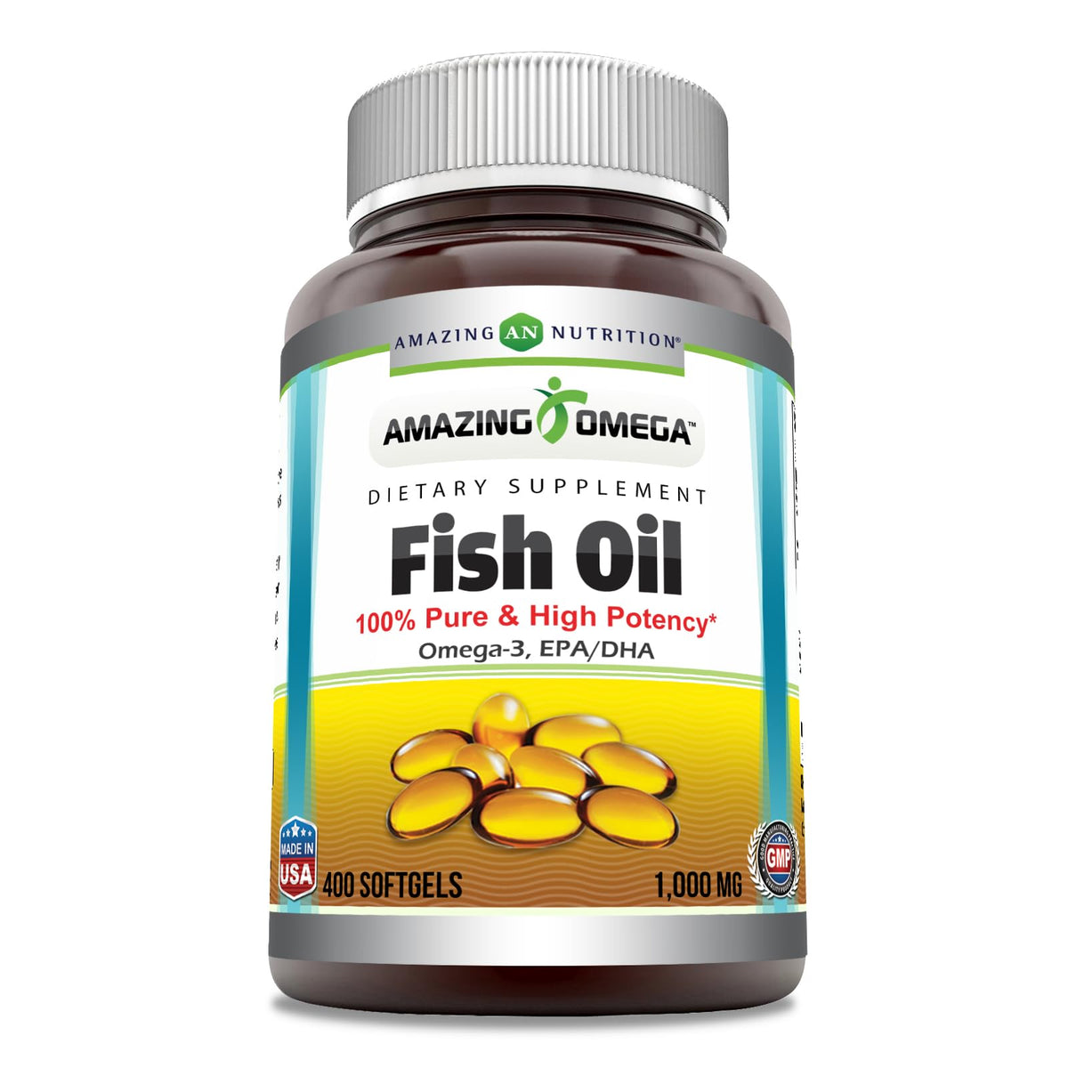 Amazing Nutrition huile poisson oméga-3 en bouteille, apport quotidien potentiel dans un régime équilibré.