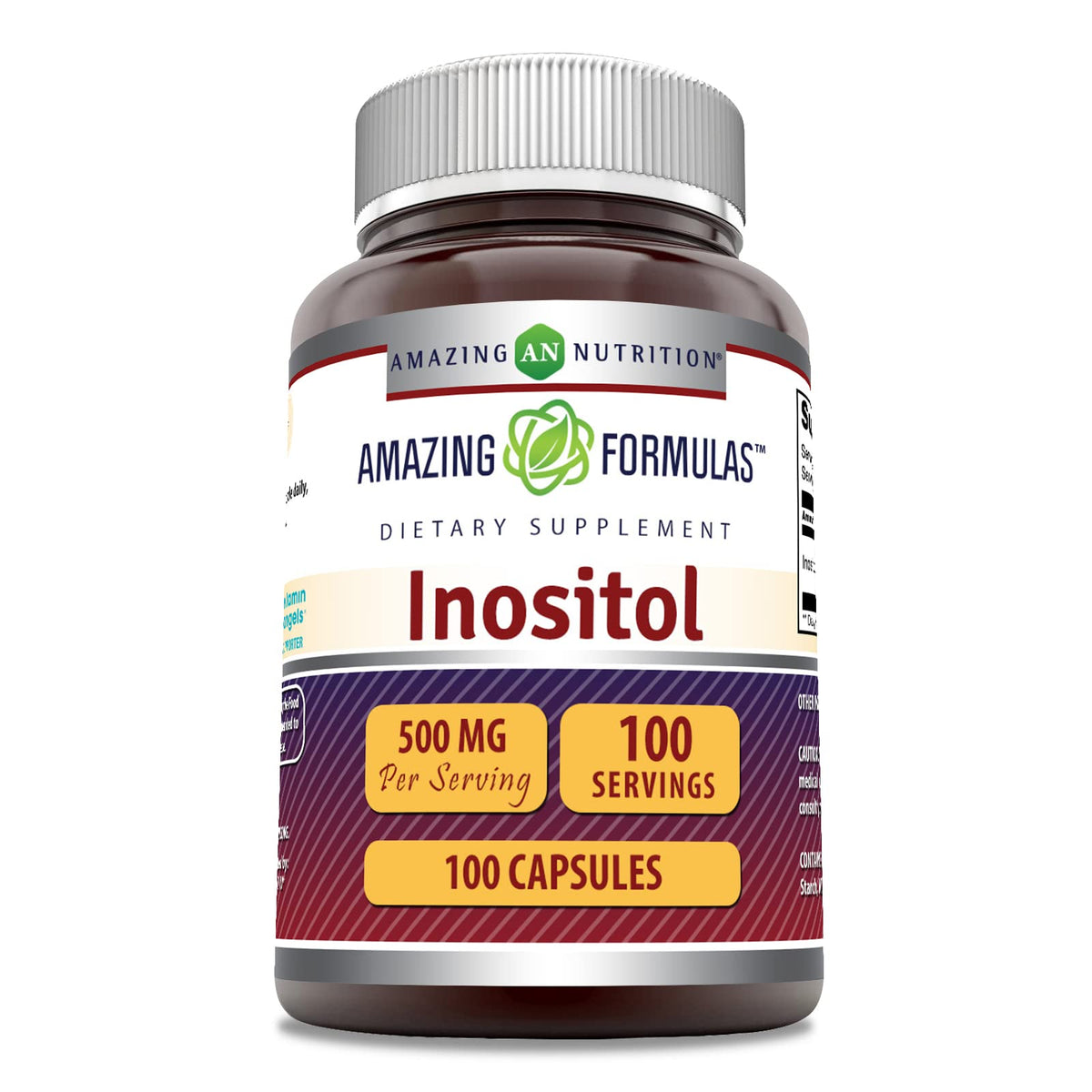 Gélules Amazing Nutrition Inositol 500 mg, bouteille visible, soutien au bien-être quotidien.