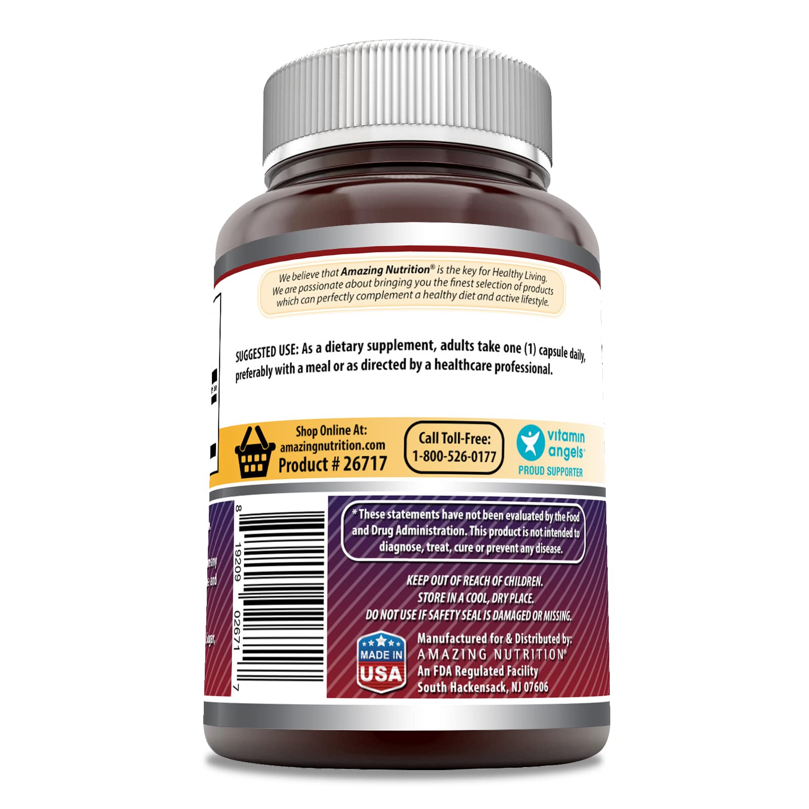 Capsules Amazing Nutrition Inositol 500 mg, bouteille ouverte, accès rapide à une dose.