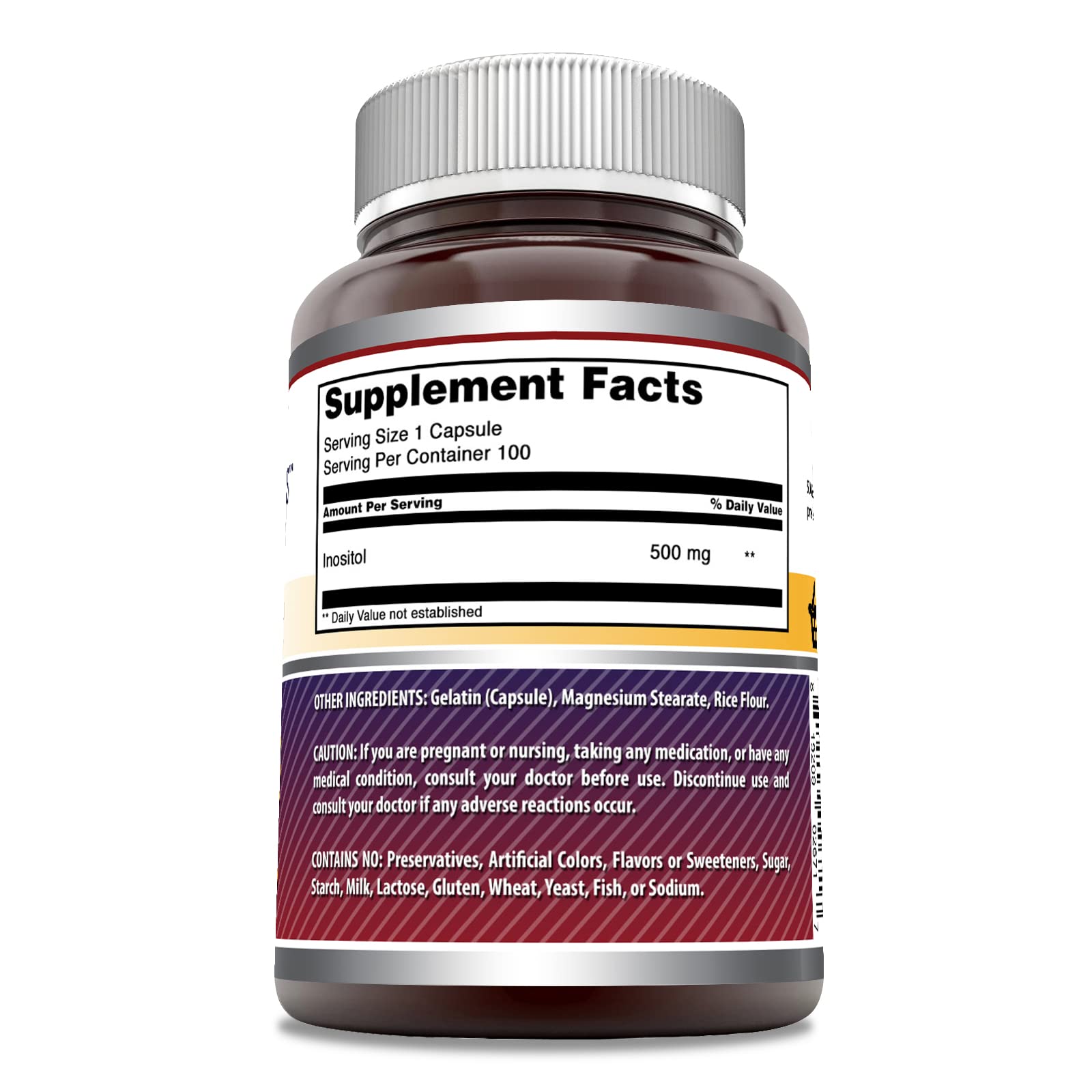 Étiquette Amazing Nutrition Inositol 500 mg, visible, assure la pureté et le dosage.