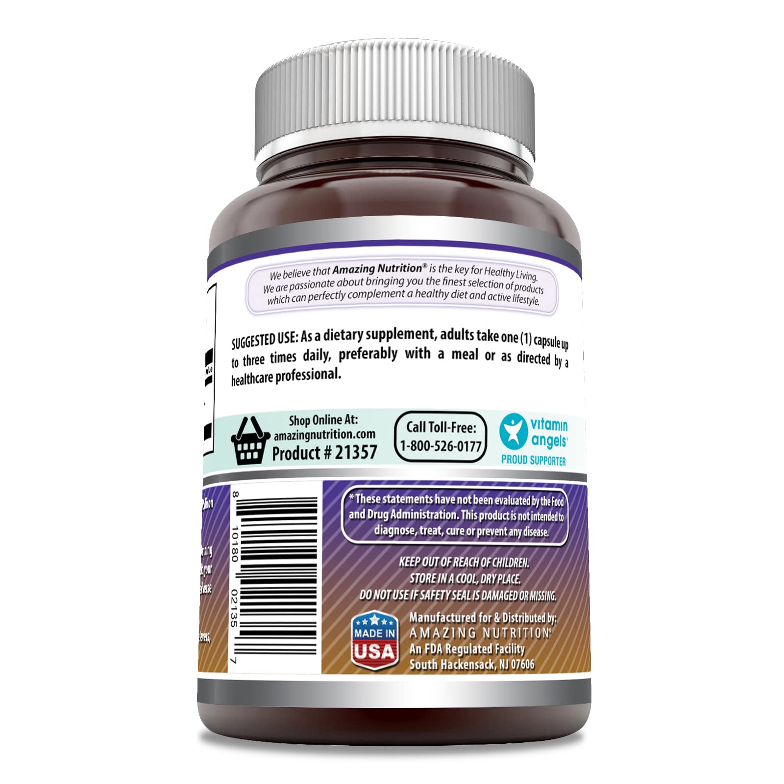 Étiquette des gélules Amazing Nutrition L-Arginine, facile à lire pour planifier vos prises.
