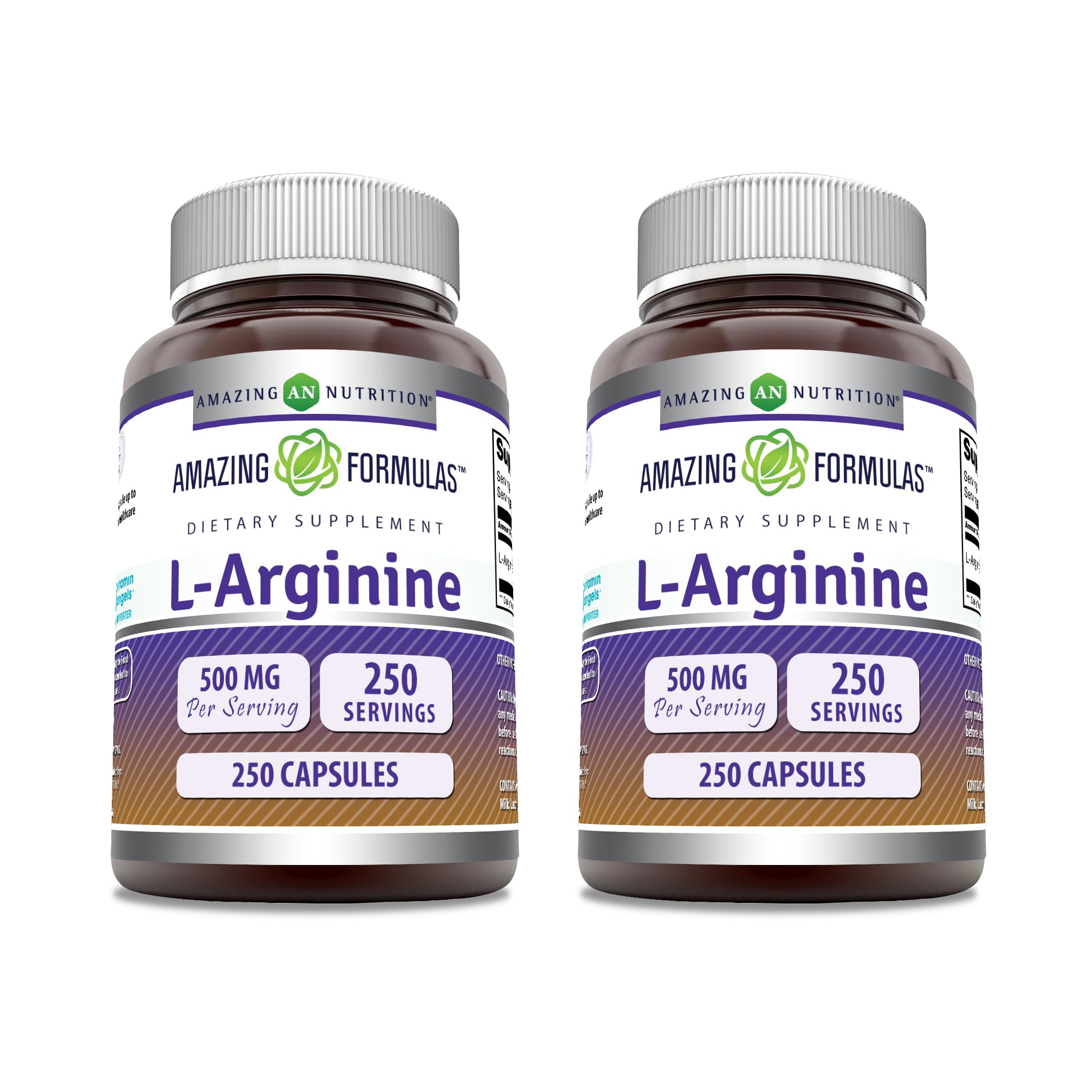 Amazing Nutrition L-Arginine: bouteille avant, dose de 500 mg par capsule pour utilisation quotidienne.