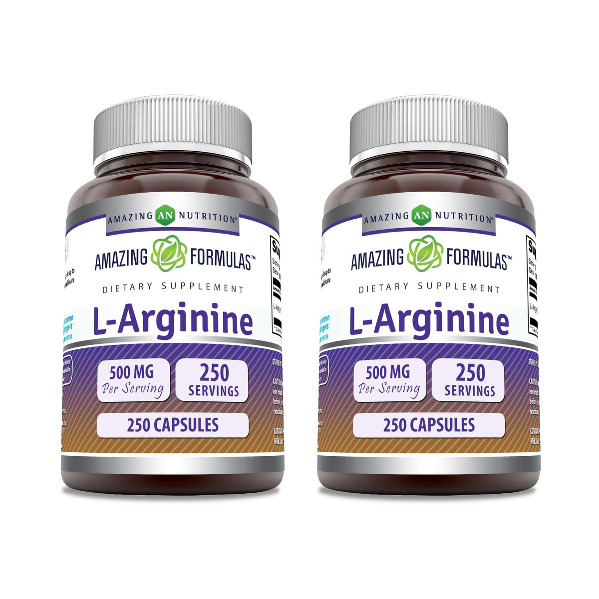 Amazing Nutrition L-Arginine: bouteille avant, dose de 500 mg par capsule pour utilisation quotidienne.