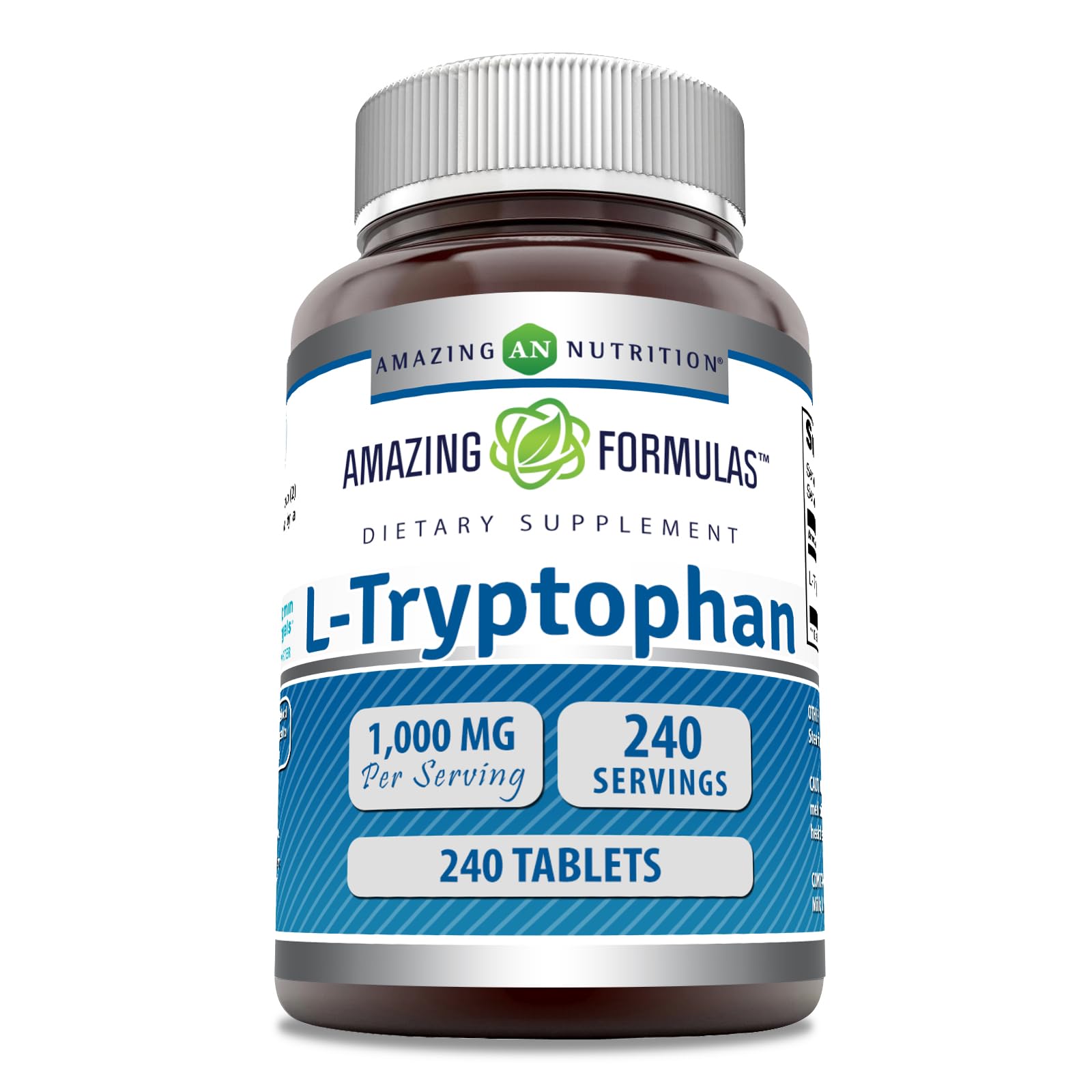 Amazing Formulas L-tryptophane 1000mg, bouteille visible, favorise une détente potentielle après la journée.