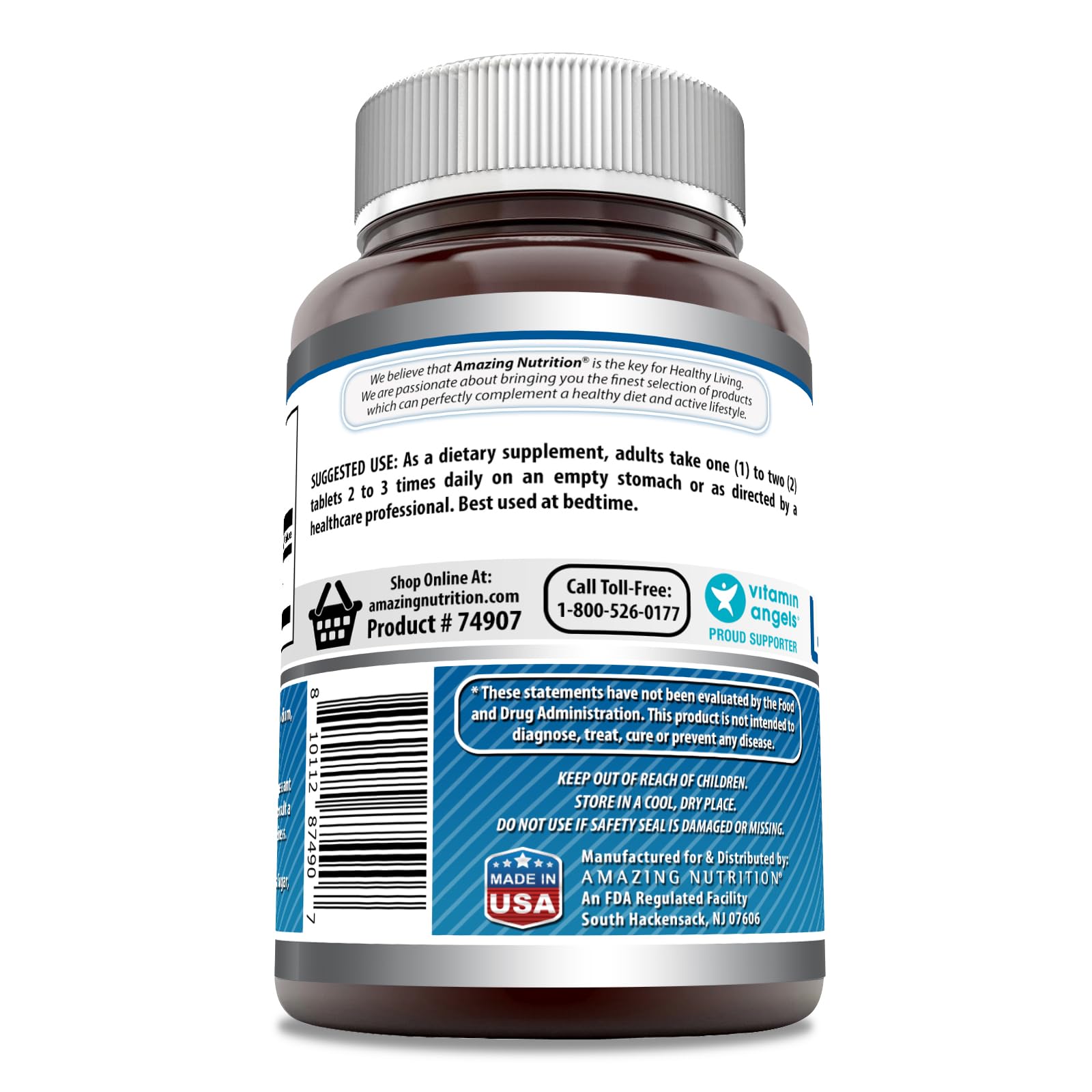 Amazing Formulas L-tryptophane 1000mg, étiquette sans OGM et sans gluten, promesse de pureté.