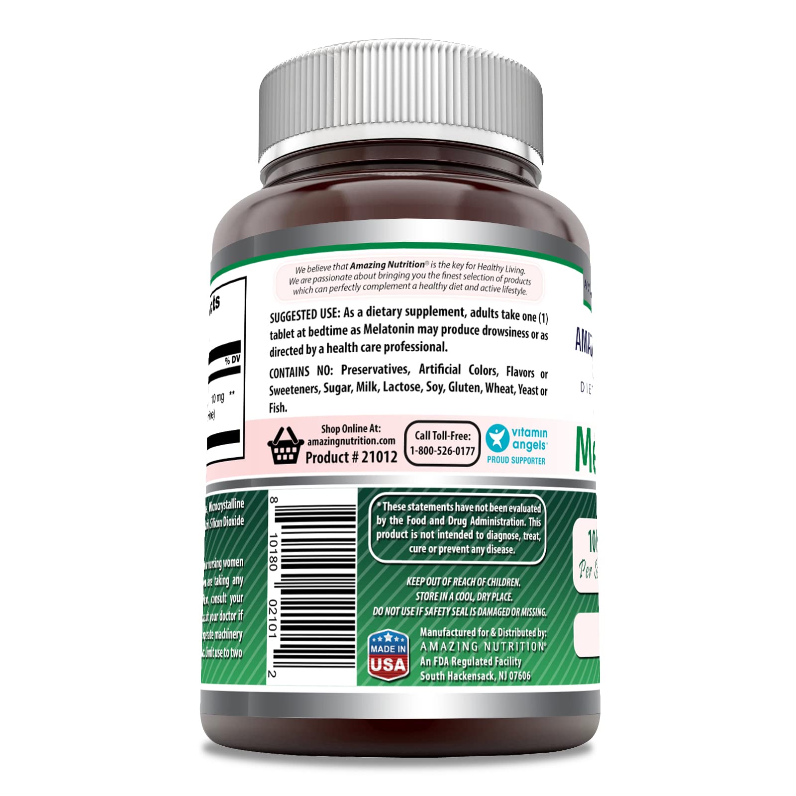 Amazing Nutrition Mélatonine 10 mg – étiquette claire, sans OGM et sans gluten.