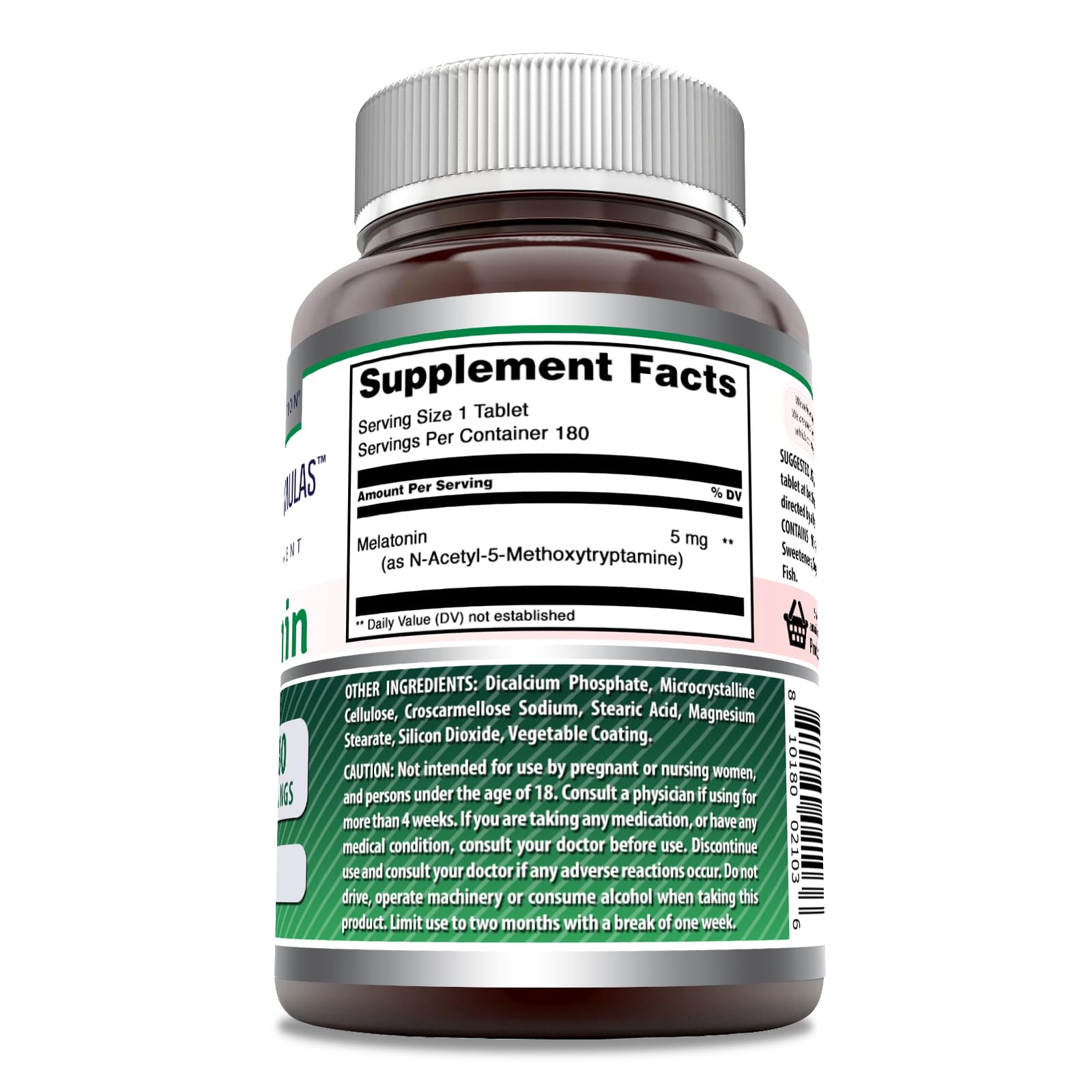 Amazing Formulas Mélatonine, vue arrière, informations claires sur le produit.