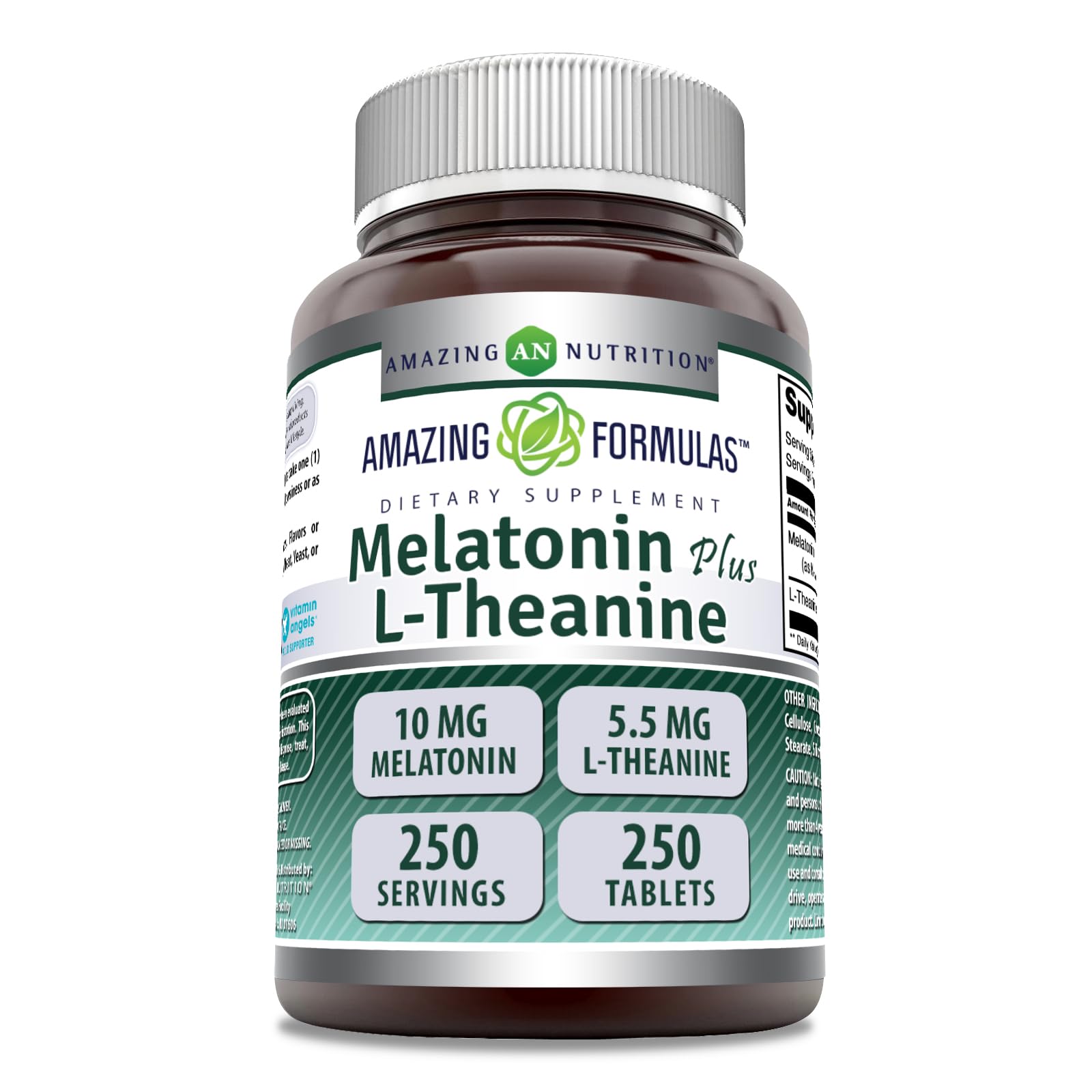 Amazing Nutrition Mélatonine et L-théanine, tablettes 250, soutien du sommeil et de la relaxation.