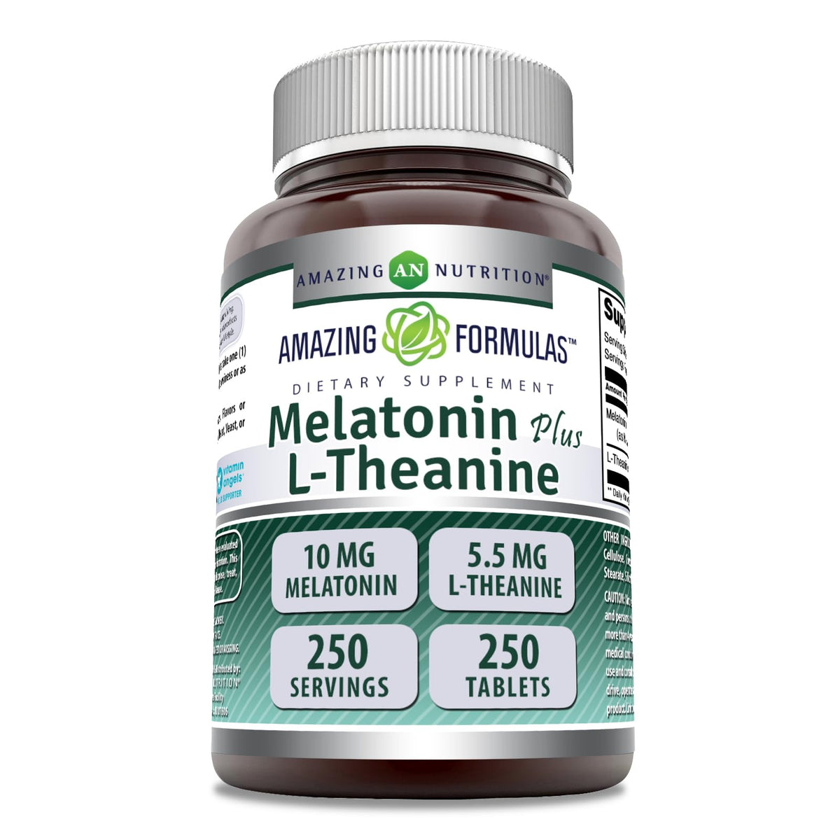 Amazing Nutrition Mélatonine et L-théanine, tablettes 250, soutien du sommeil et de la relaxation.