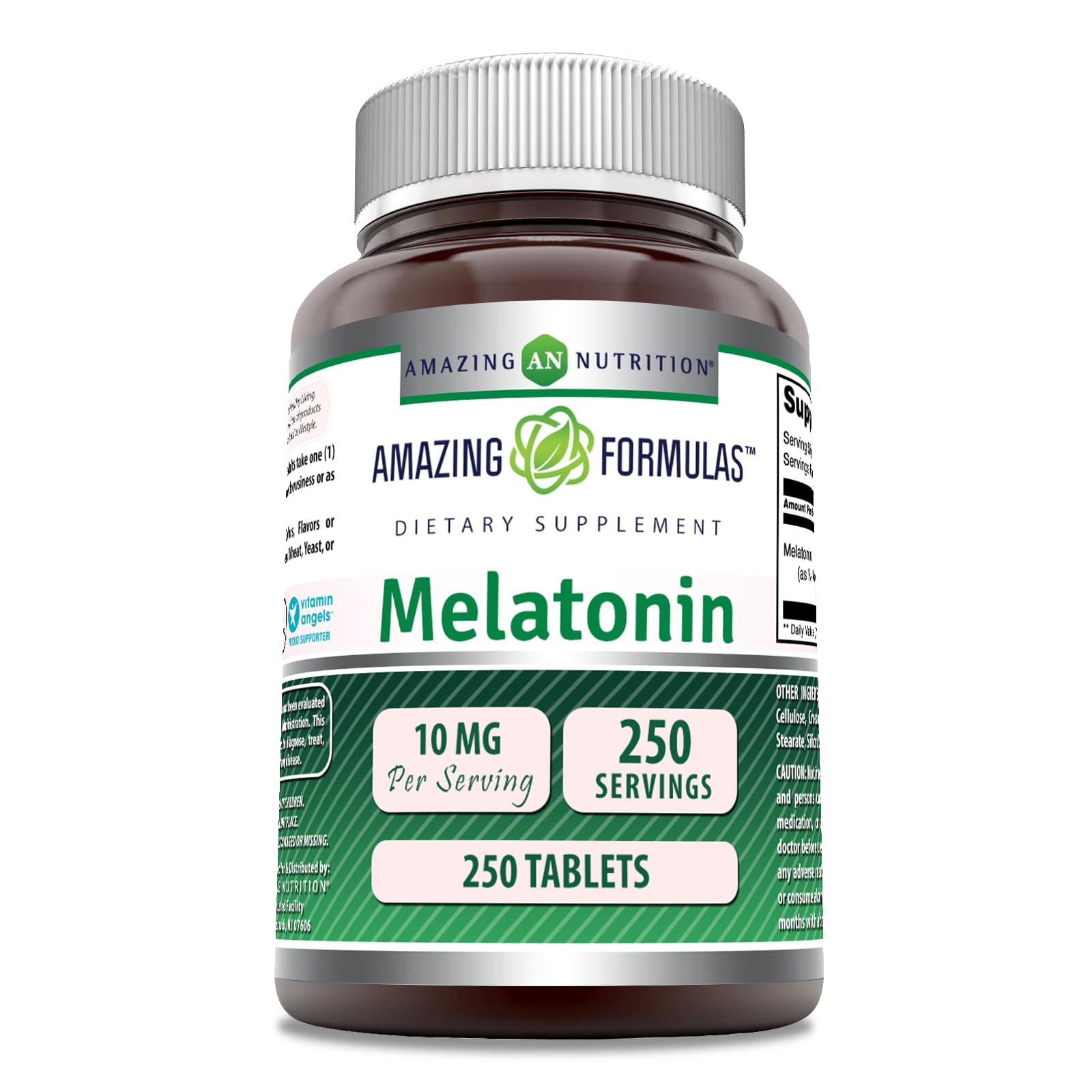 Amazing Nutrition Mélatonine 10 mg, bouteille de comprimés, soutien potentiel au sommeil.