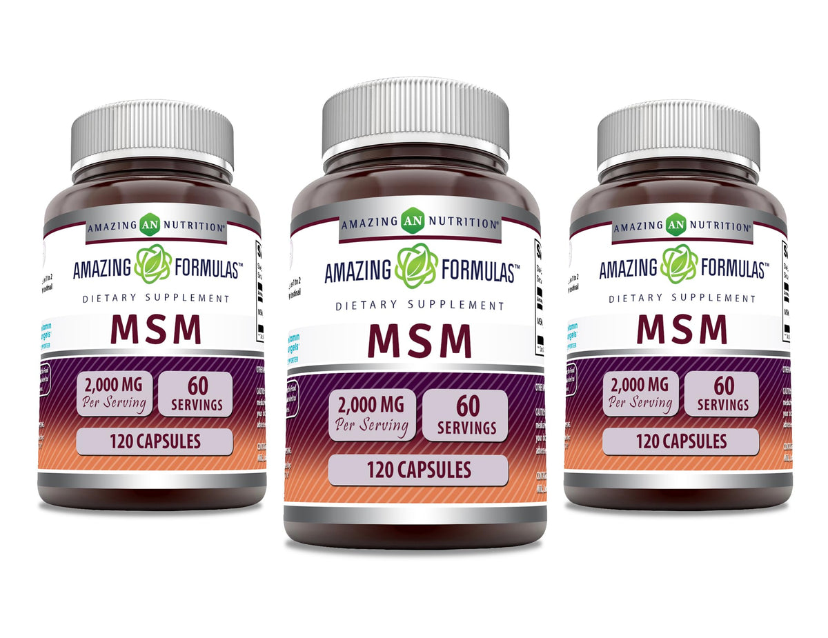 Amazing Nutrition MSM capsules, dose de 2000 mg par portion et prise pratique.