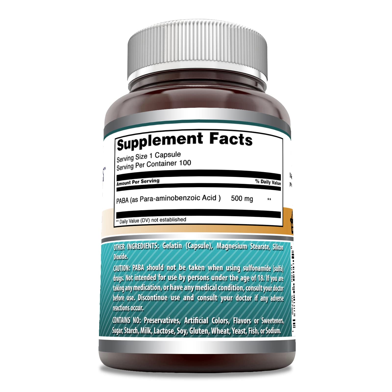 Étiquette sans OGM sur les capsules Amazing Nutrition PABA 500 mg.