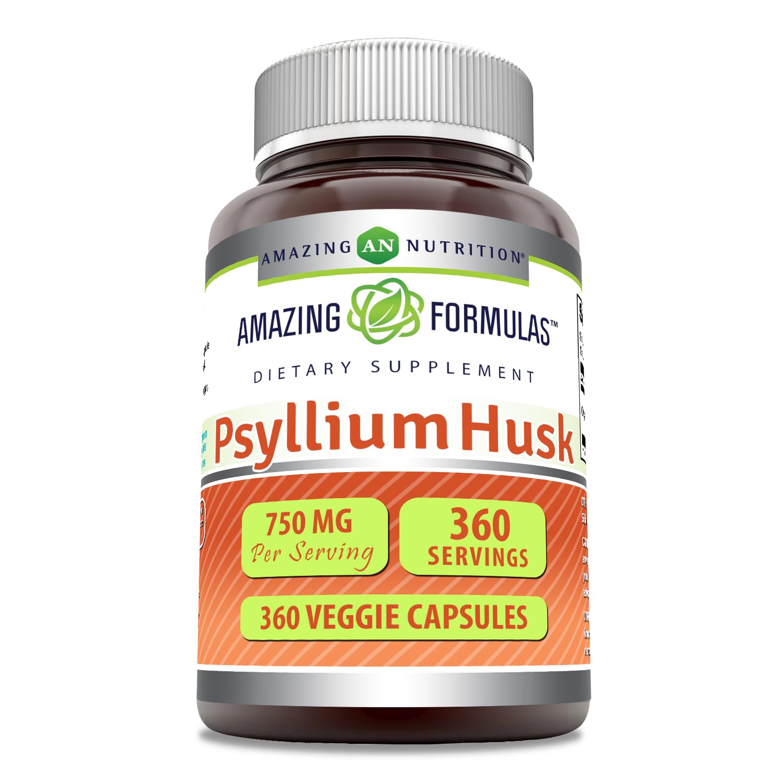 Amazing Nutrition psyllium coque 750 mg en bouteille, capsule végétarienne pratique pour le soutien digestif quotidien