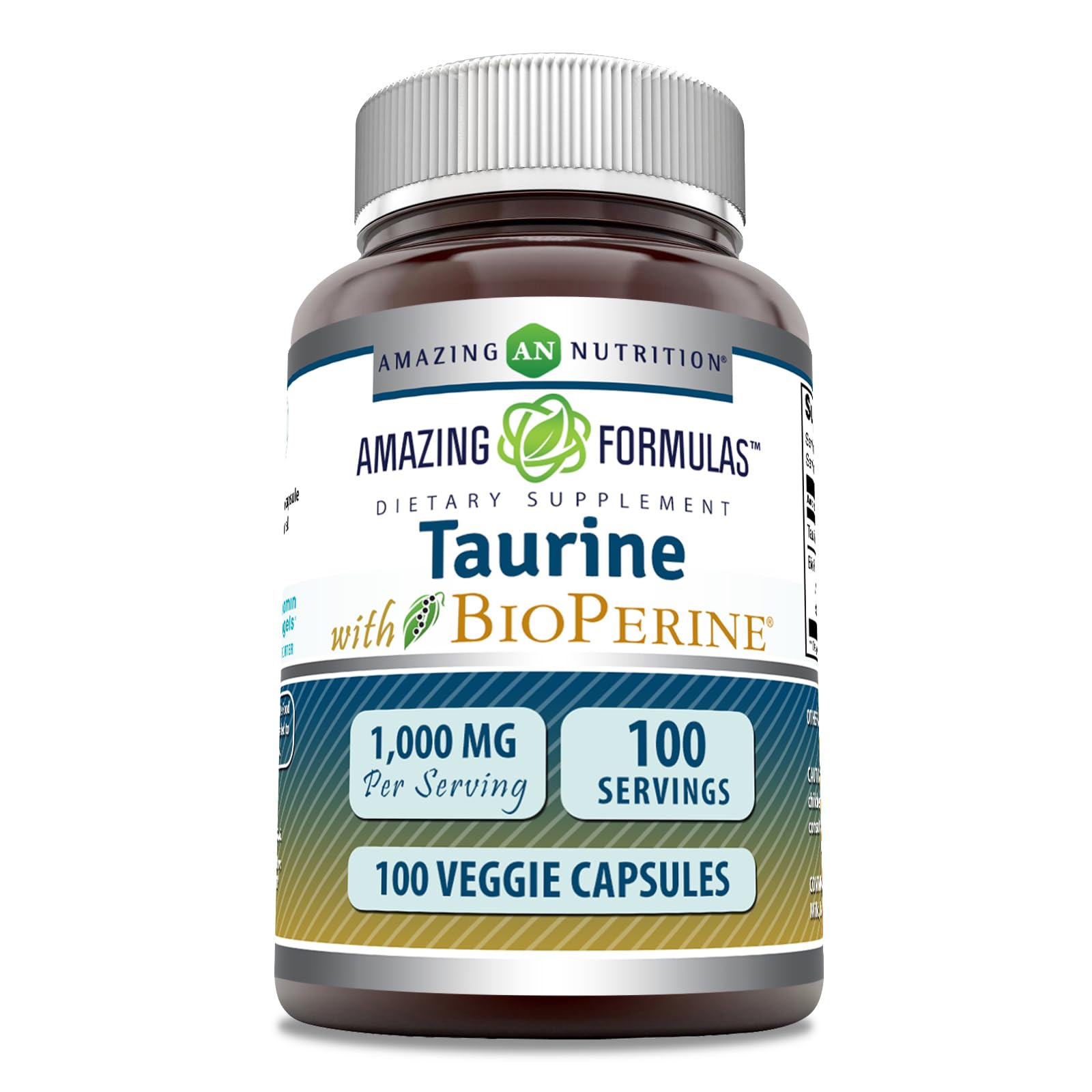 Amazing Nutrition Taurine Bioperine — bouteille avec capsules végétales, énergie et concentration potentielles.