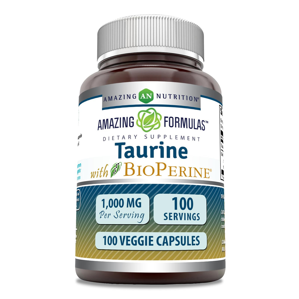 Amazing Nutrition Taurine Bioperine — bouteille avec capsules végétales, énergie et concentration potentielles.