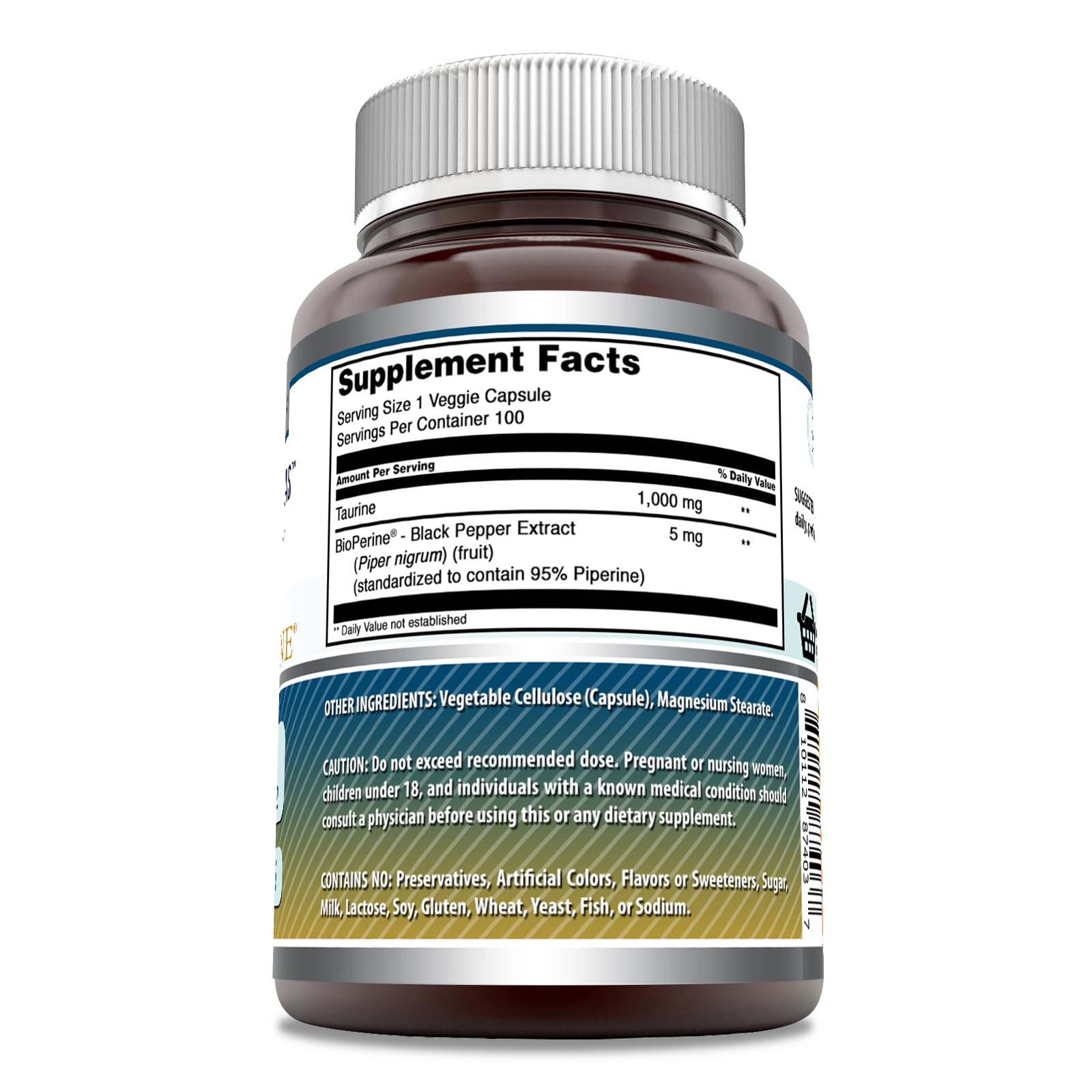 Amazing Nutrition Taurine Bioperine — gros plan sur les capsules, praticité d'utilisation quotidienne.