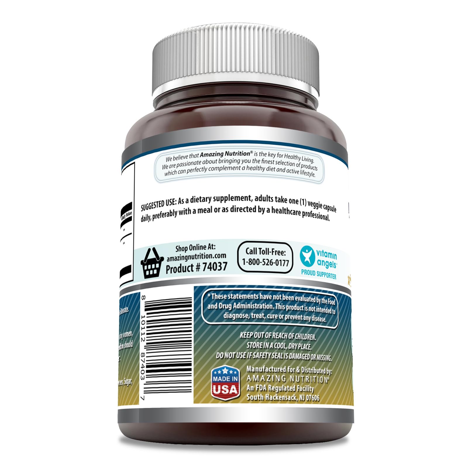 Amazing Nutrition Taurine Bioperine — étiquette visible, pureté et fabrication américaine.
