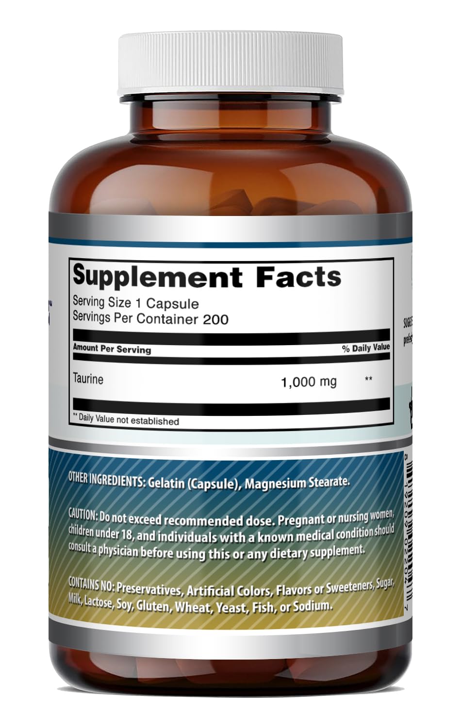 Amazing Nutrition Taurine : capsules transparentes dans leur flacon, pratique à emporter.