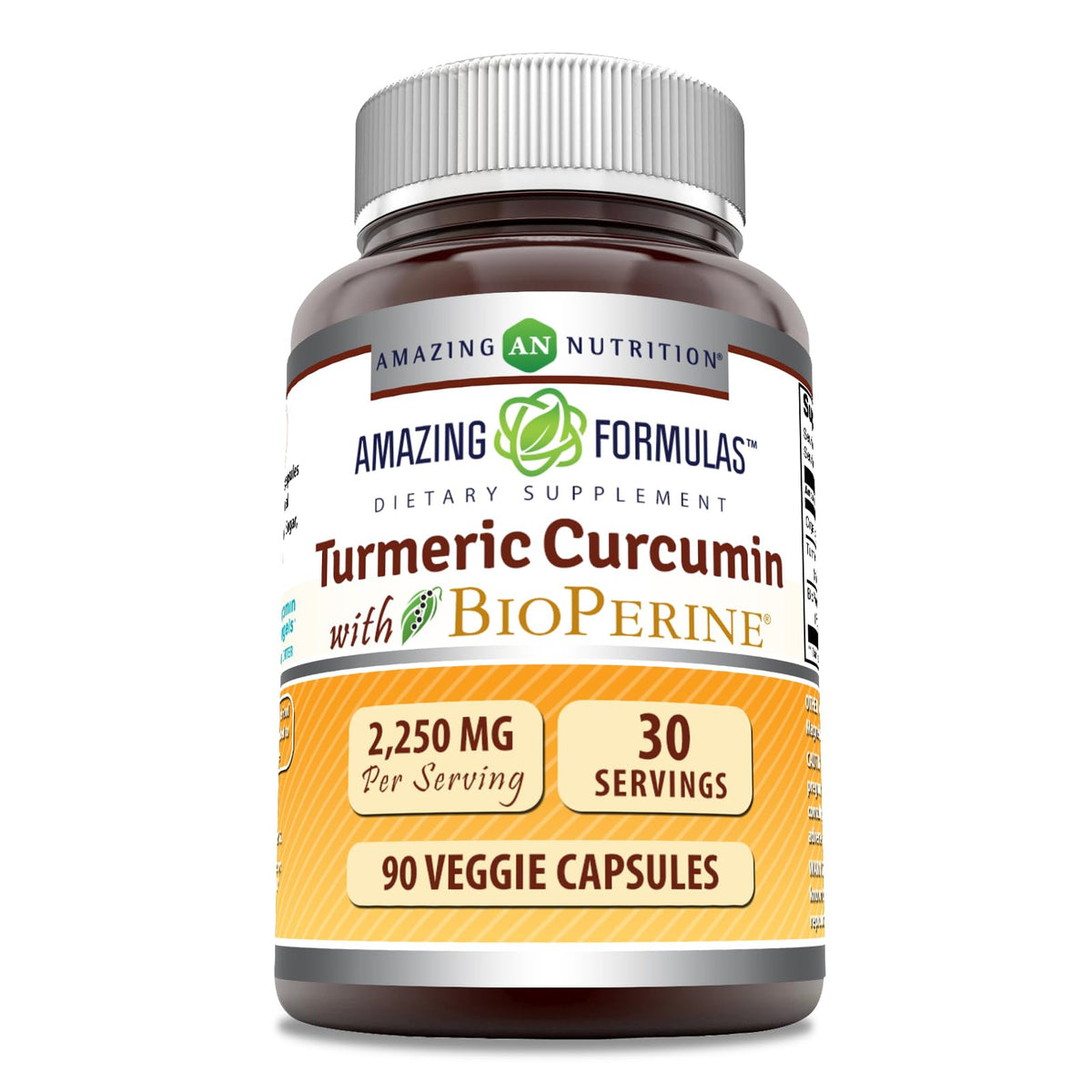 Amazing Nutrition Turmeric Curcumin Bioperine, bouteille de 90 gélules prête à l emploi.