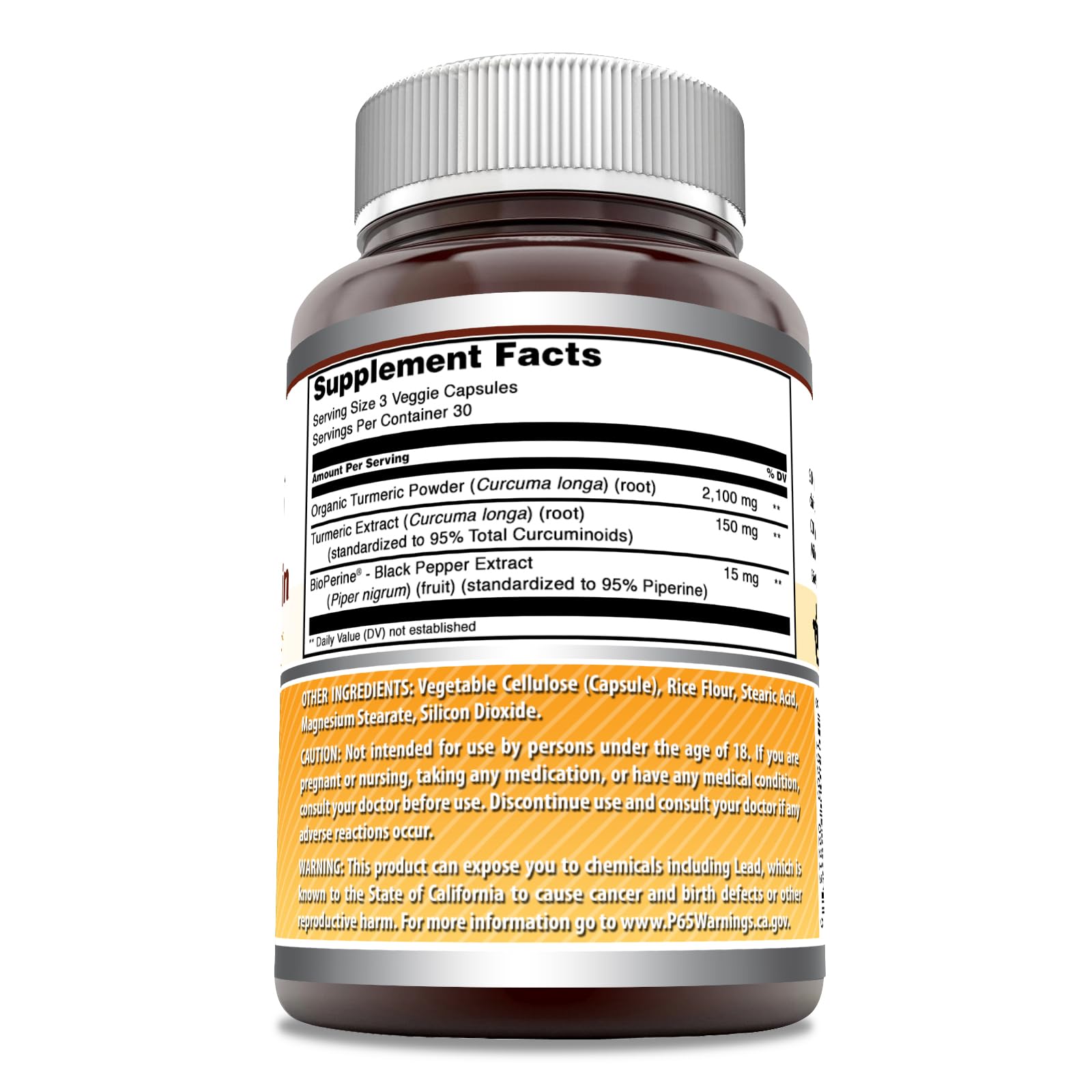 Gélules Turmeric Curcumin Bioperine Amazing Nutrition avec capuchon clair facilitant la prise.