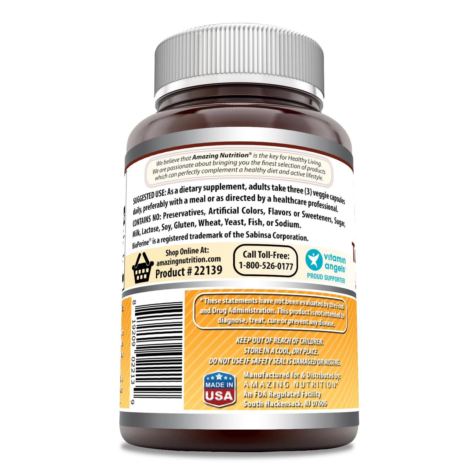 Étiquette claire Amazing Nutrition Turmeric Curcumin Bioperine, ingrédients Non-OGM et sans gluten.
