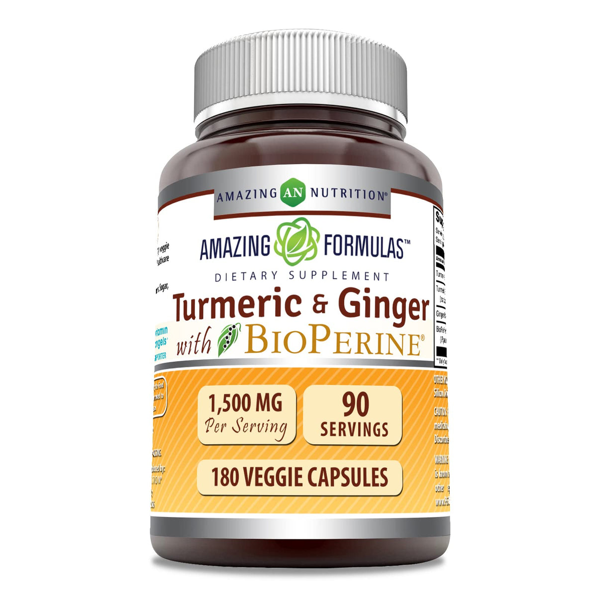 Amazing Nutrition Turmeric Curcumin & Ginger – bouteille de capsules, idéale pour un usage quotidien.