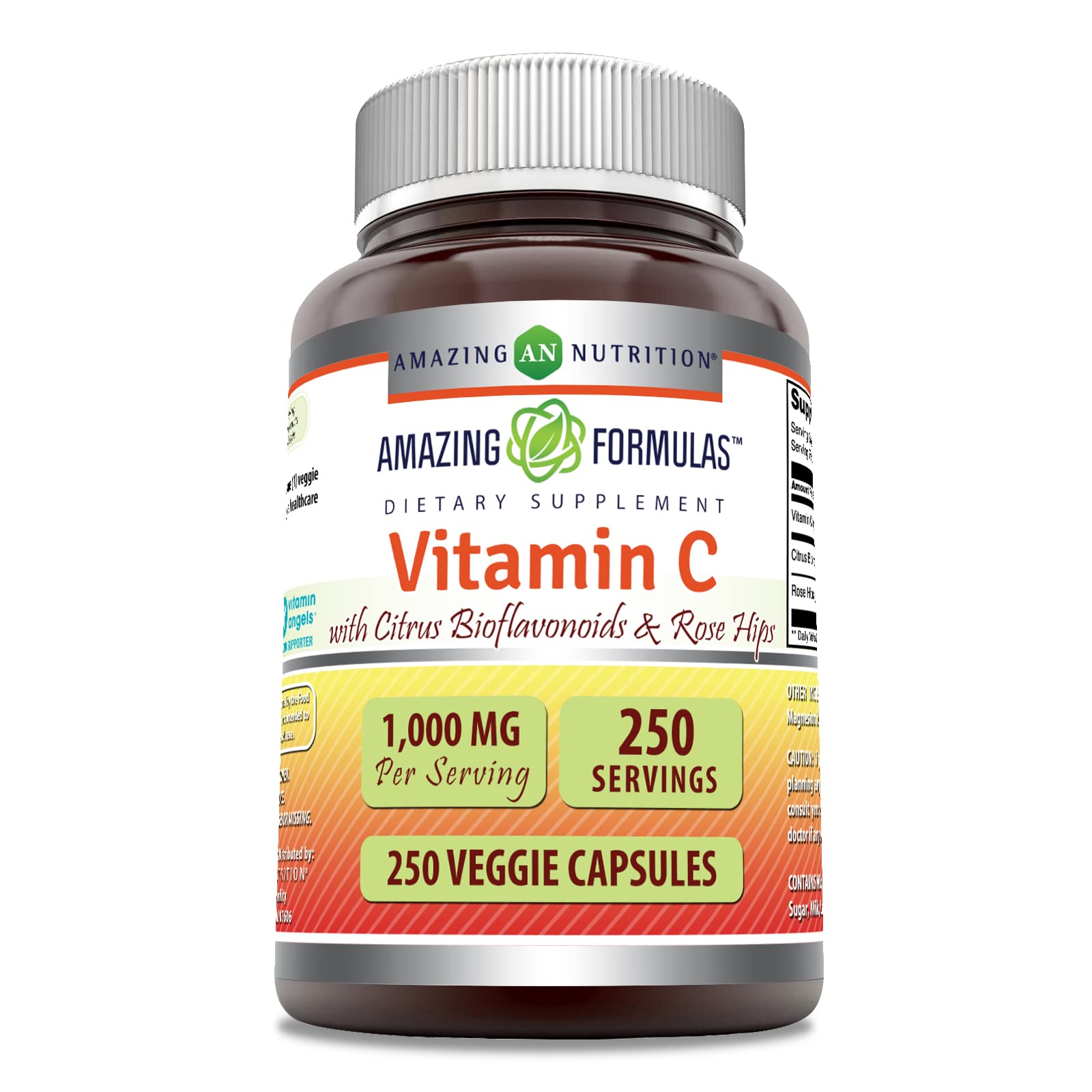 Amazing Nutrition Vitamine C avec cynorrhodons et bioflavonoïdes, bouteille colorée pour soutien énergétique potentiel.