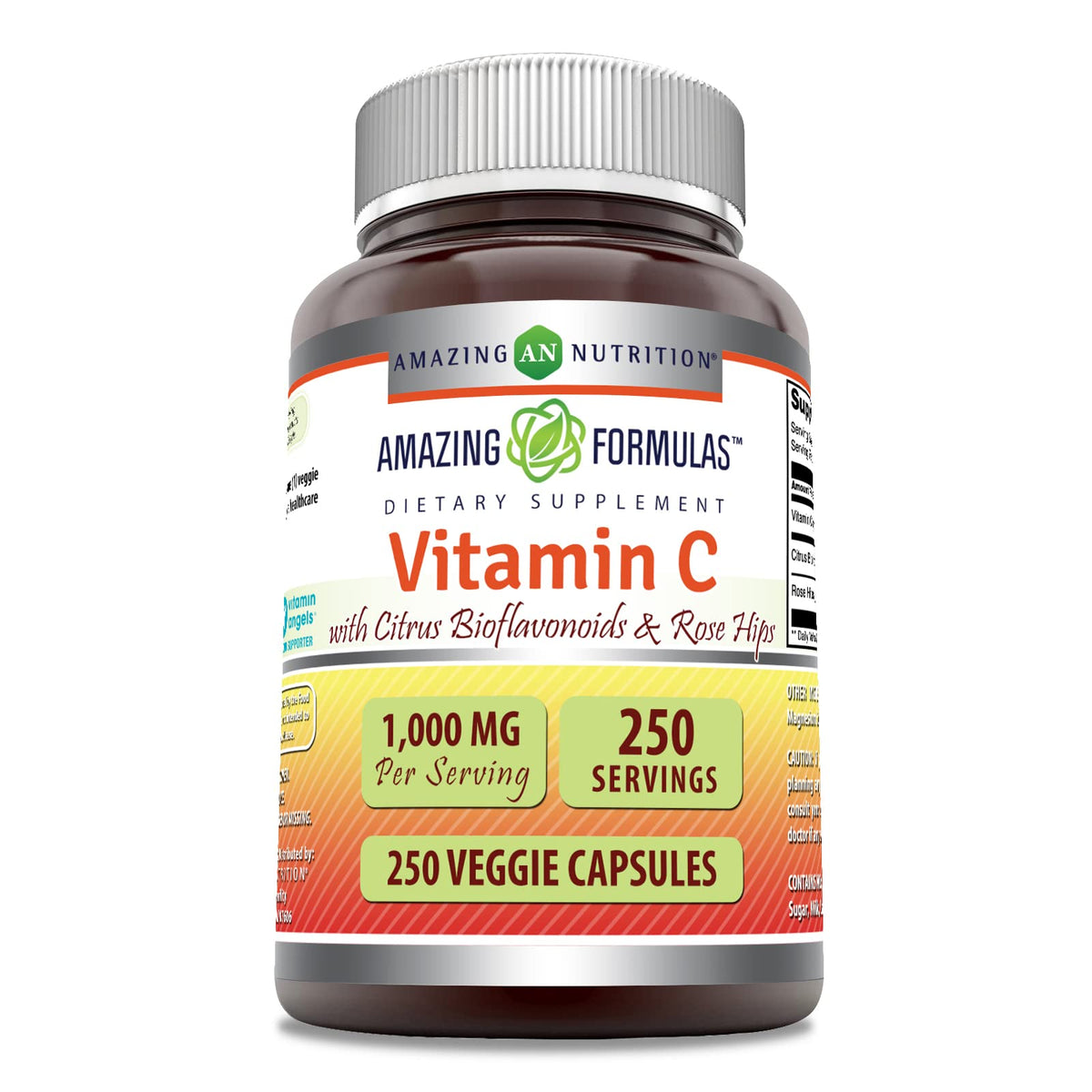 Amazing Nutrition Vitamine C avec cynorrhodons et bioflavonoïdes, bouteille colorée pour soutien énergétique potentiel.