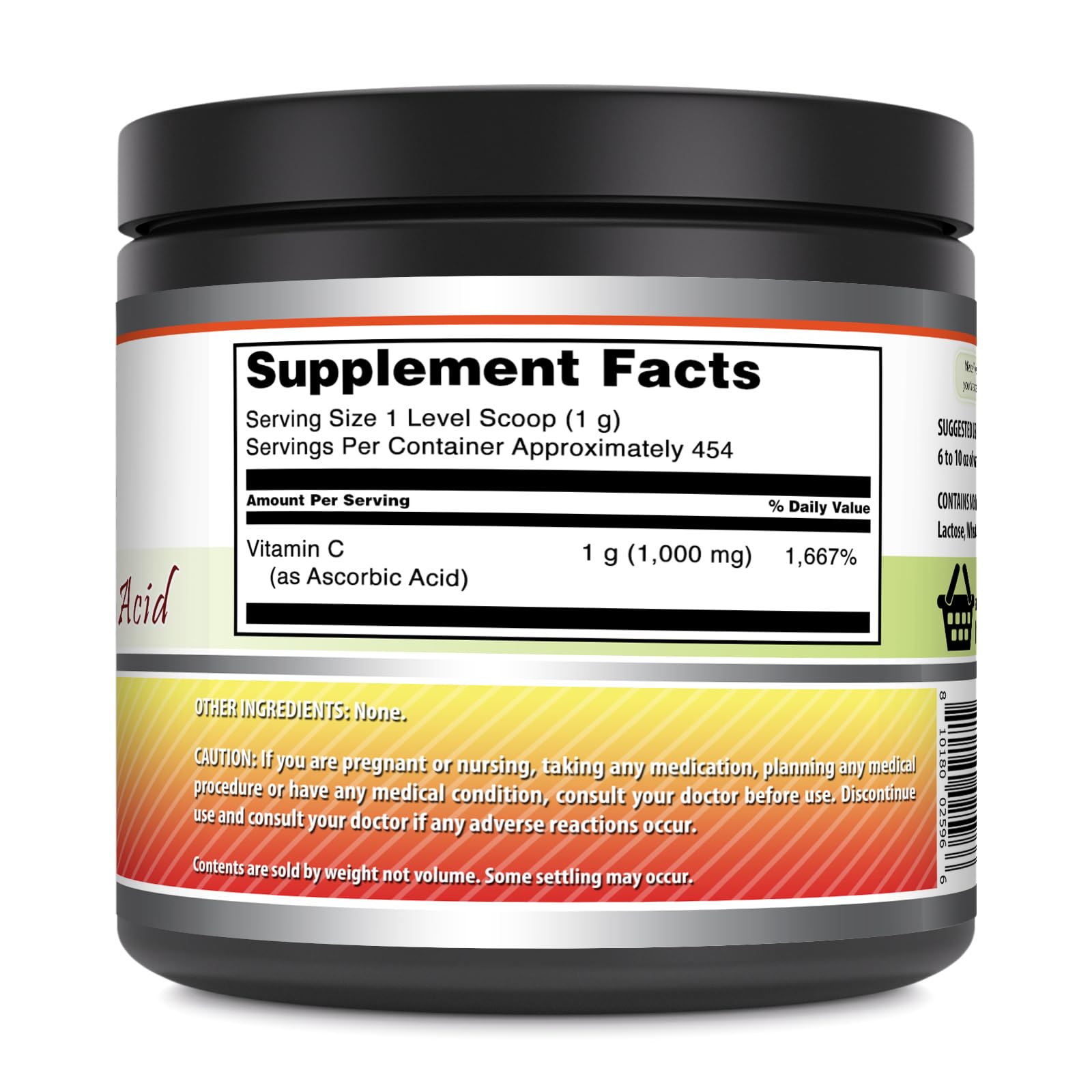 Amazing Nutrition Vitamine C Poudre dans pot translucide, stockage pratique.
