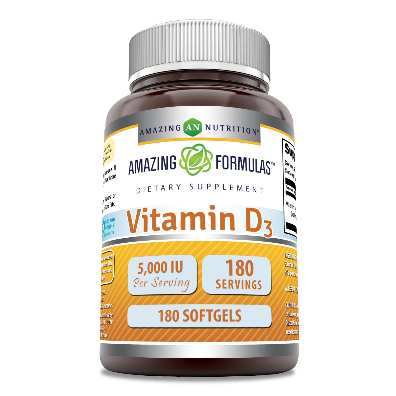 Amazing Nutrition Vitamine D3 capsules molles 5000UI — bouteille visible, soutien quotidien potentiel