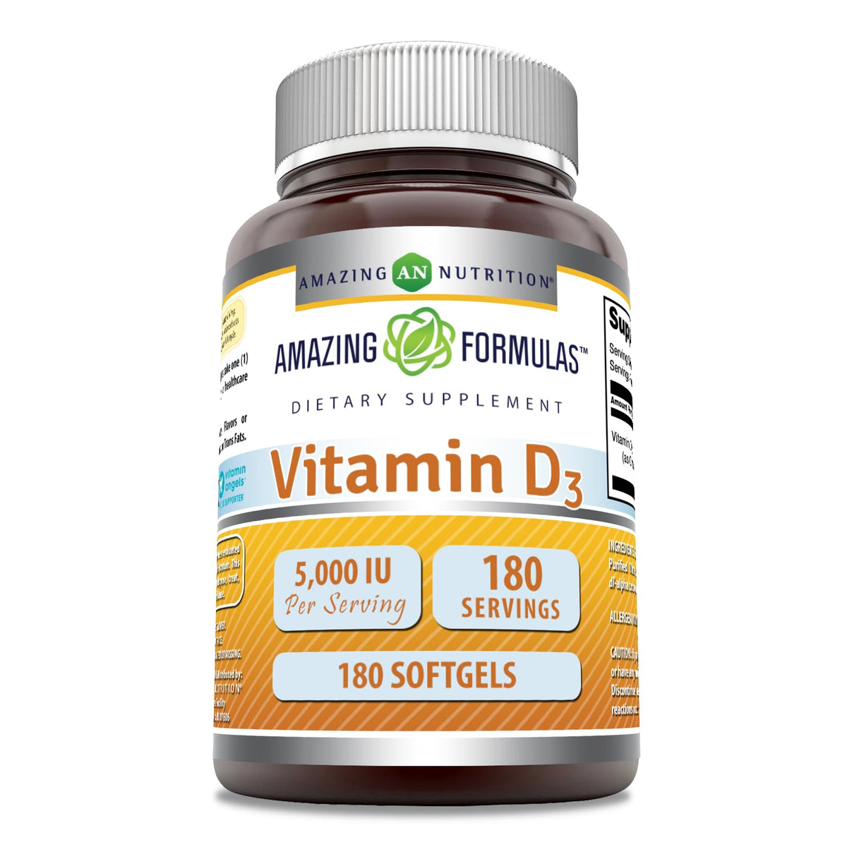Amazing Nutrition Vitamine D3 capsules molles 5000UI — bouteille visible, soutien quotidien potentiel