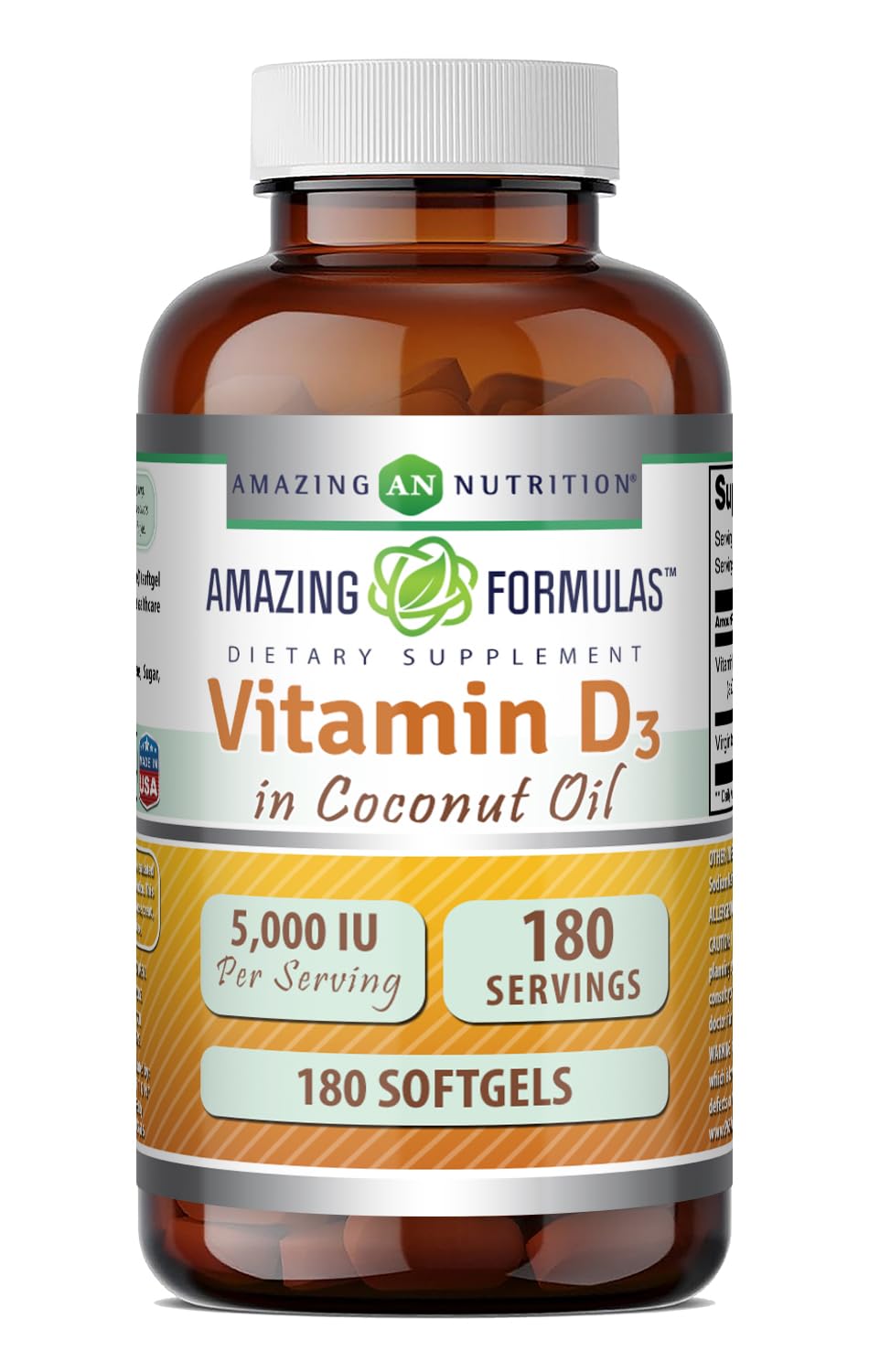 Amazing Nutrition Vitamine D3 avec huile de coco : bouteille claire et facile à prendre.