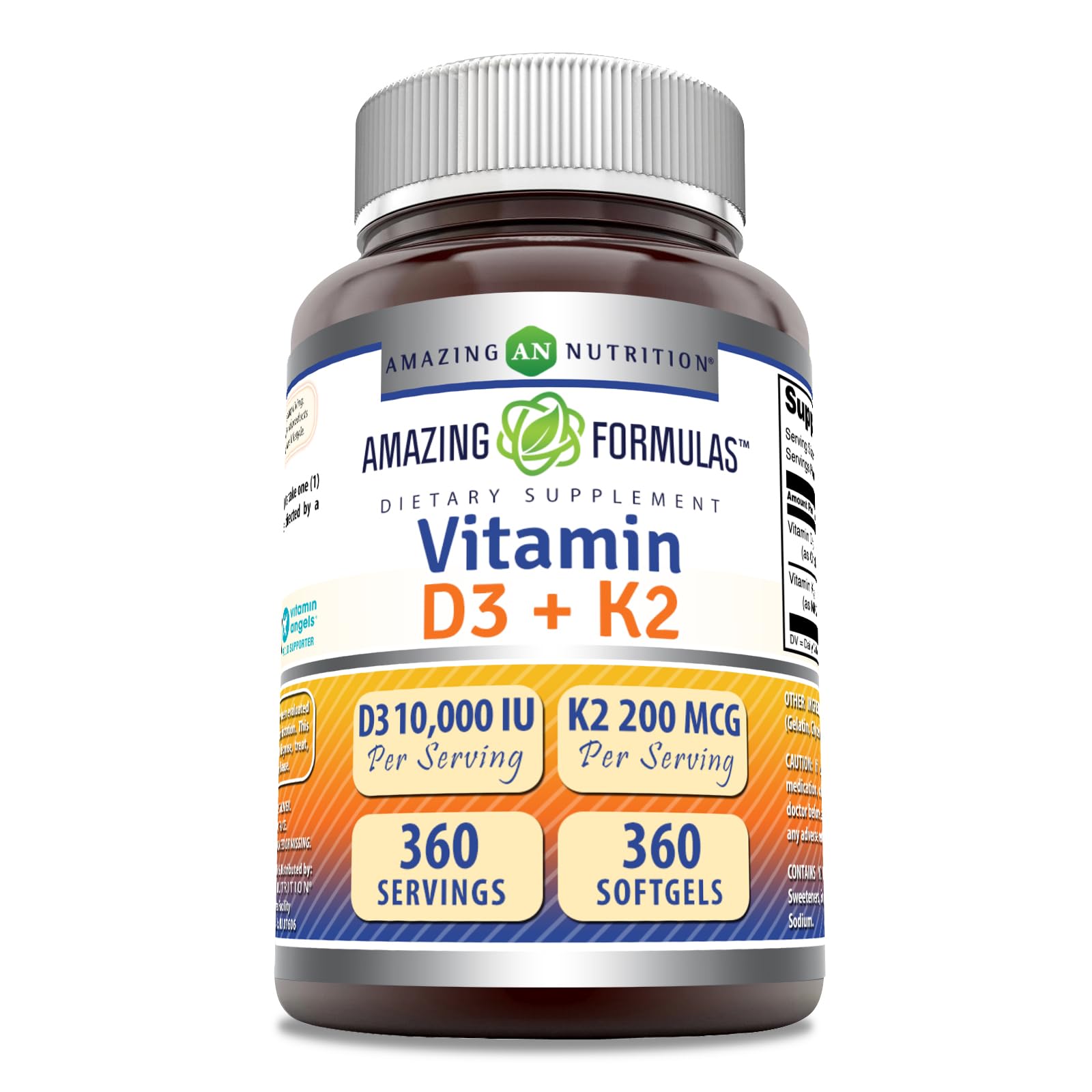 Amazing Nutrition Vitamine D3 10000 UI et K2 200 μg, bouteille 360 capsules.